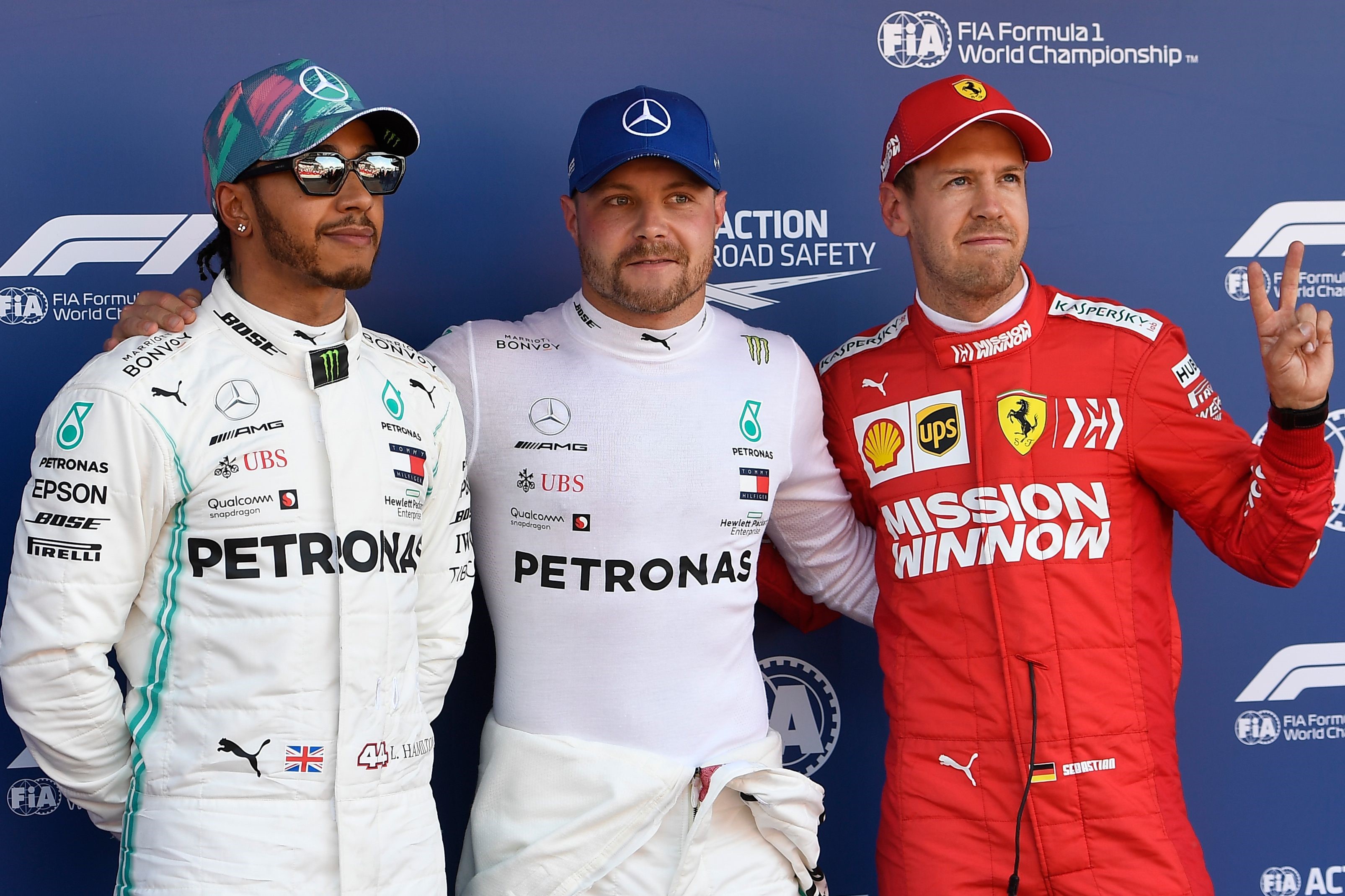 Lewis Hamilton, Valtteri Bottas (Mercedes) et Sebastian Vettel (Ferrari) au Grand Prix d'Espagne 2019