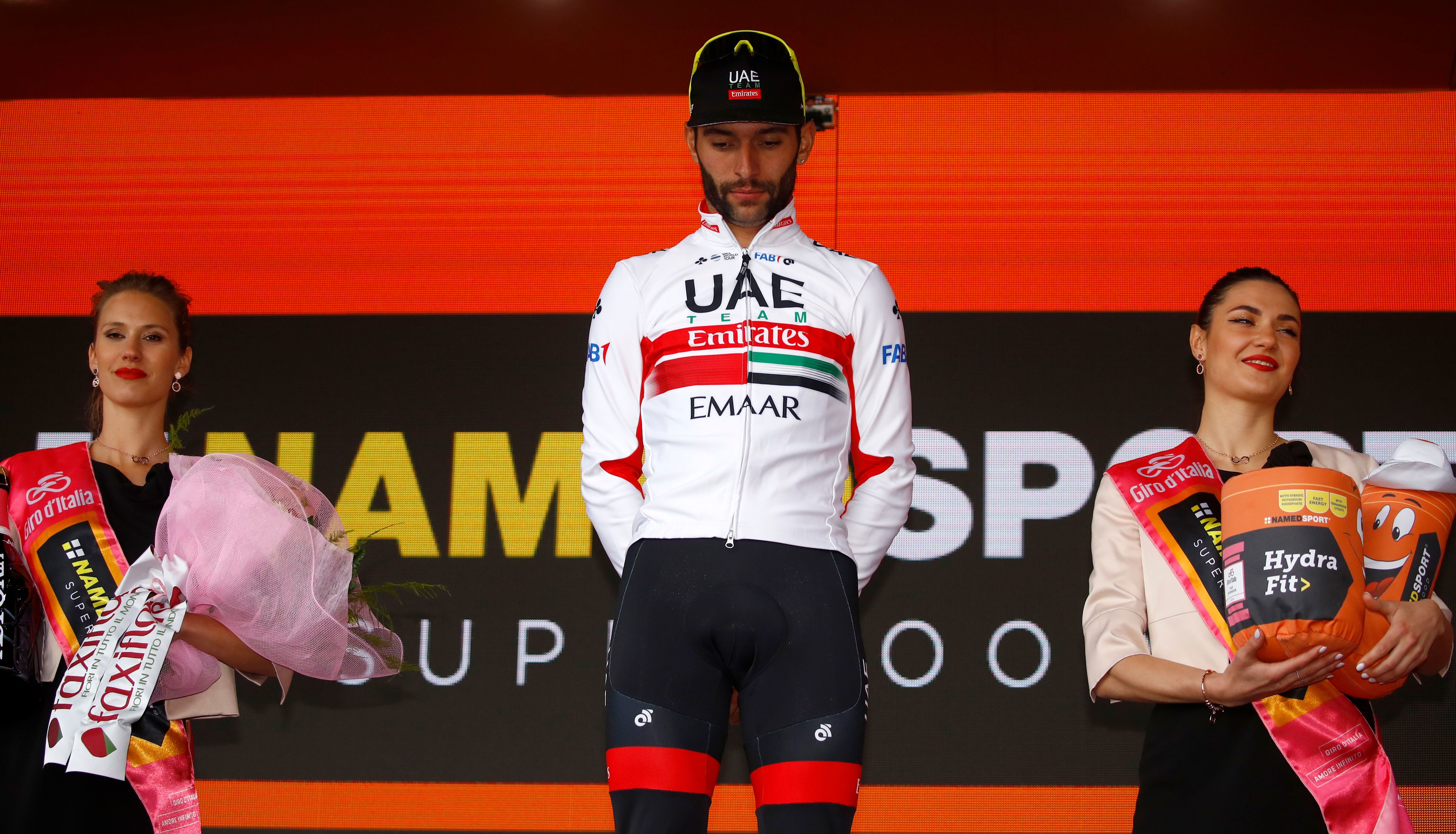 Fernando Gaviria (Team UAE Emirates) sur le podium dela 3e étape duTour d'Italie 2019