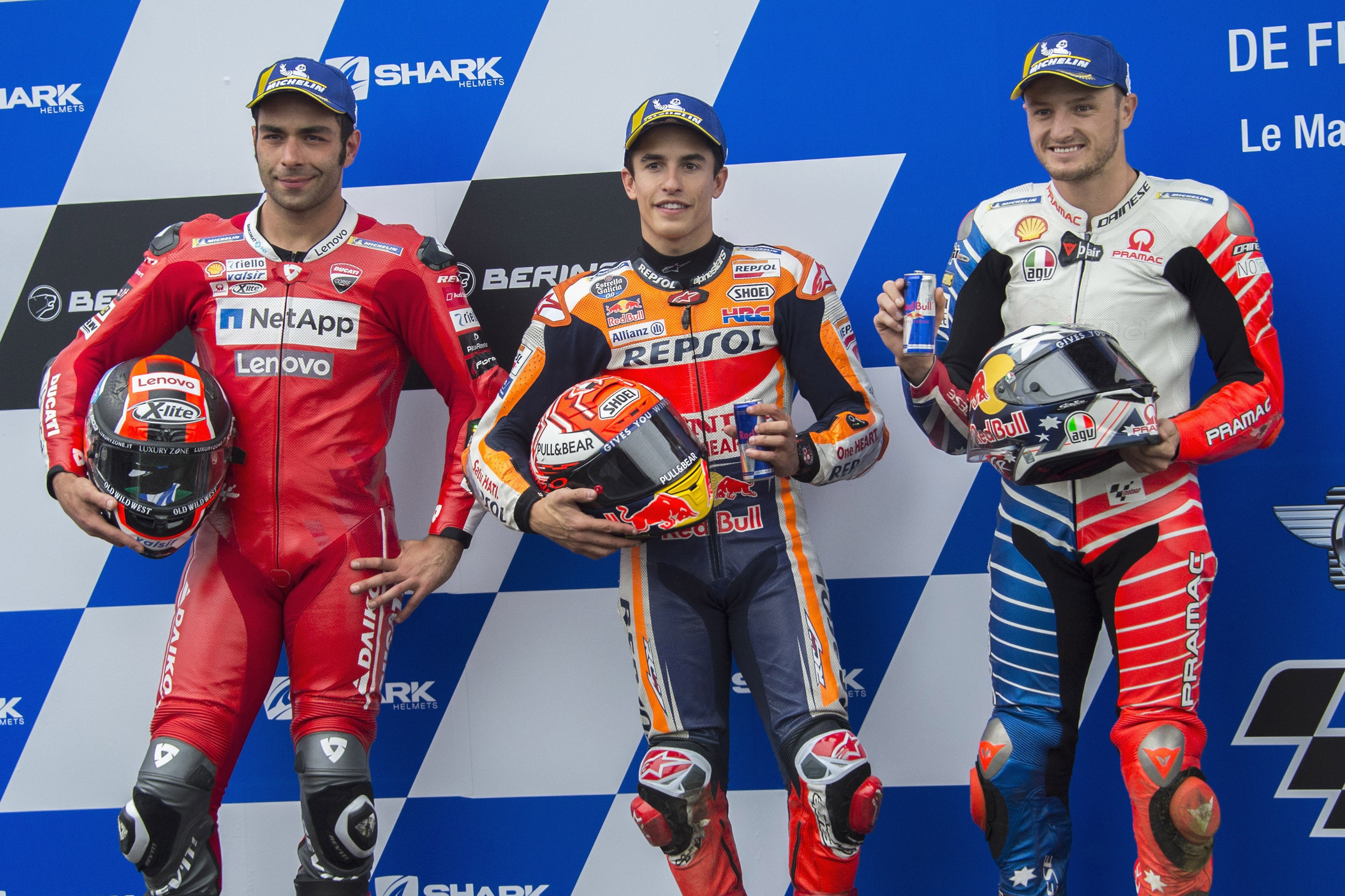 Marc Marquez (Honda HRC), Danilo Petrucci (Ducati Team) et Jack Miller (Ducati Pramac) au Grand Prix de France 2019