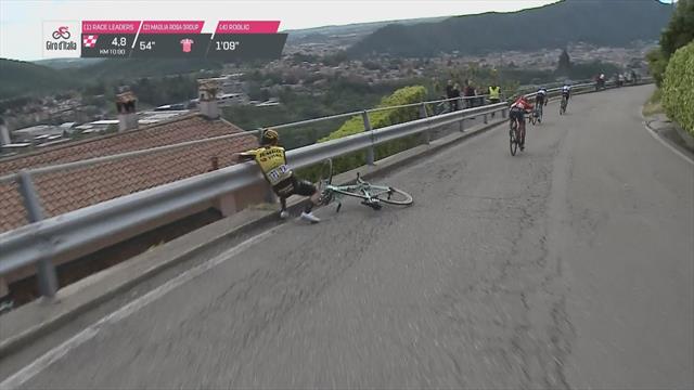 Roglic crashes, almost topples over road barrier Roglic crashes, almost topples over road barrier