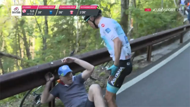WATCH: Shocking moment rider attacks fan after crashing during Giro WATCH: Shocking moment rider attacks fan after crashing during Giro