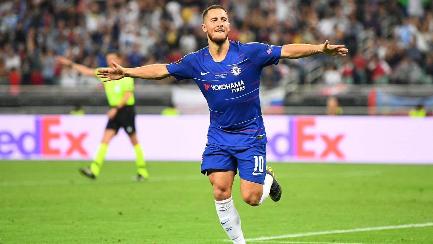 Eden Hazard celebrates scoring in the Europa League final