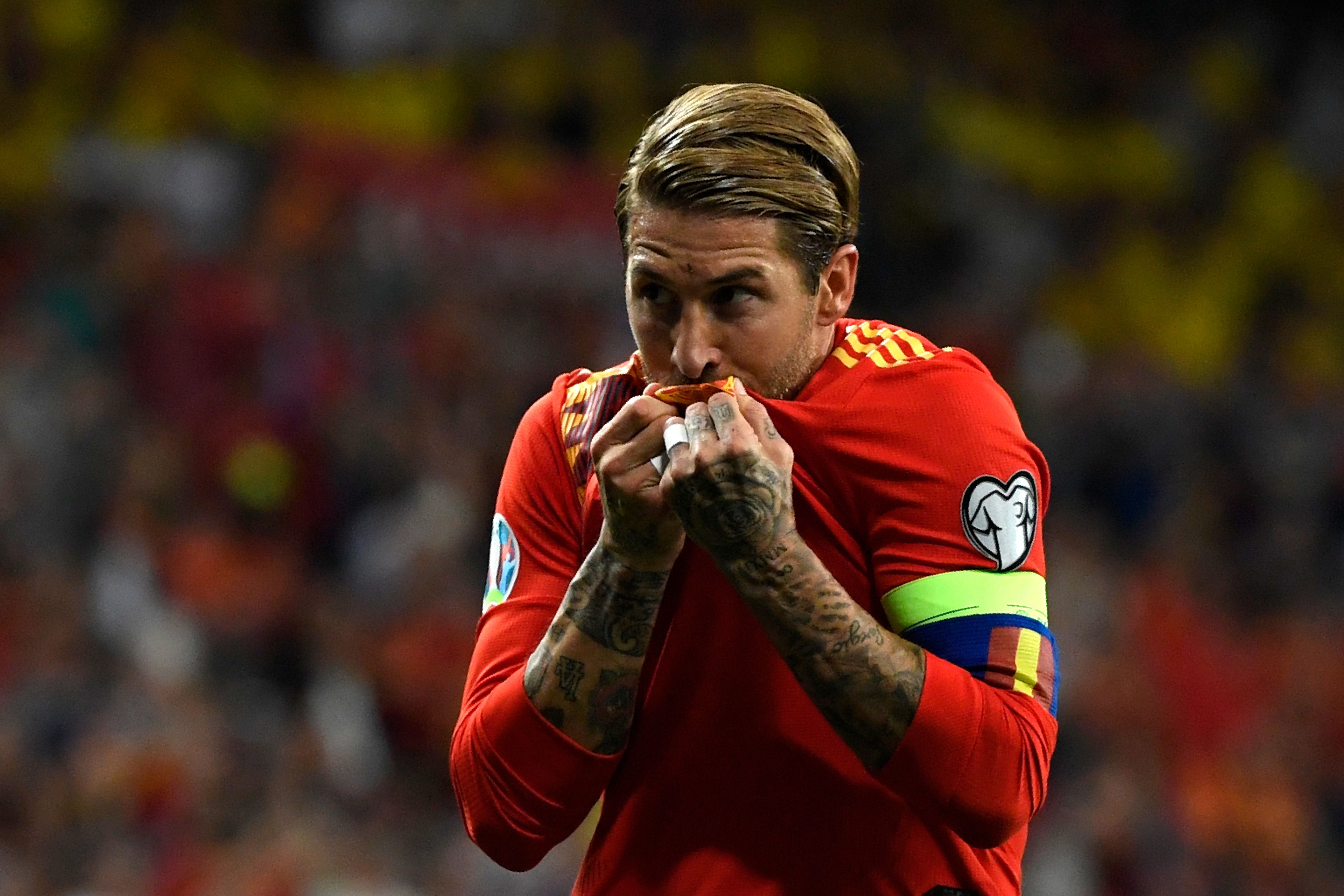 Spain's defender Sergio Ramos celebrates after scoring a penalty during the UEFA Euro 2020 group F qualifying football match between Spain and Sweden at the Santiago Bernabeu stadium in Madrid