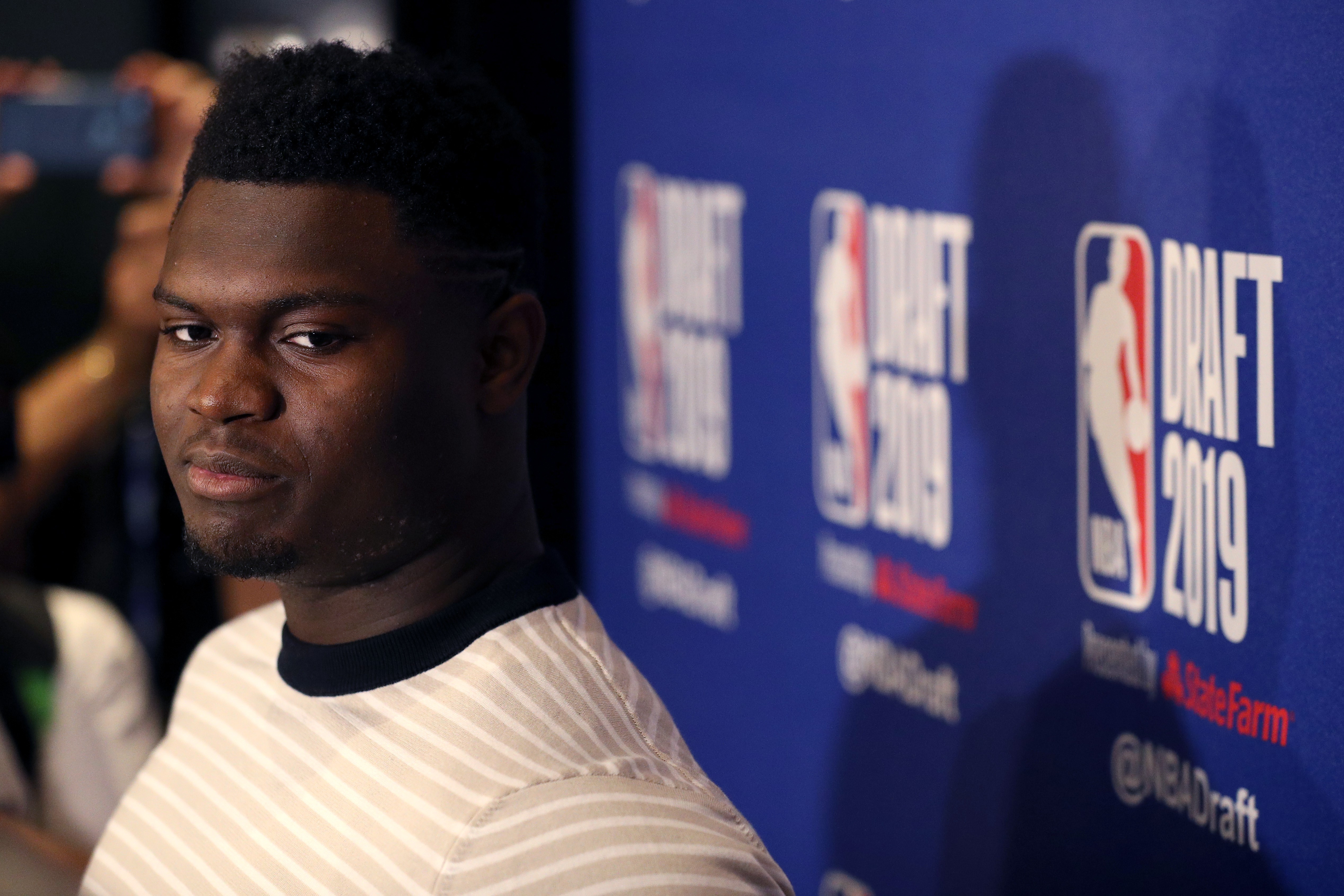Zion Williamson speaks to the media ahead of the 2019 NBA Draft at the Grand Hyatt New York on June 19, 2019 in New York City