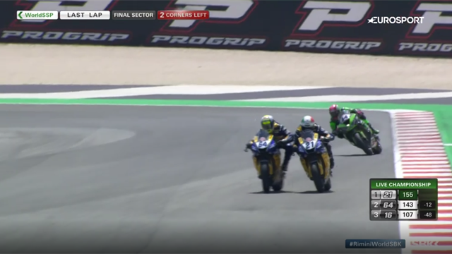 Team-mates touching in thrilling final-lap battle in World Supersport Team-mates touching in thrilling final-lap battle in World Supersport