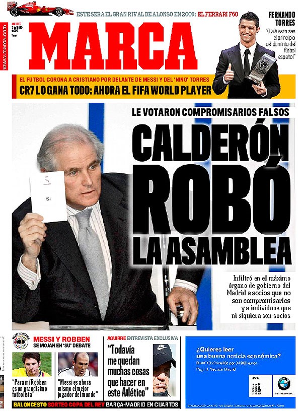 La Une de Marca du 13 janvier 2009, mettant en cause Ramón Calderón