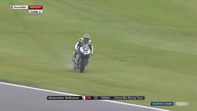 Alessandro Delbianco somehow stays on his bike at Donington Alessandro Delbianco somehow stays on his bike at Donington