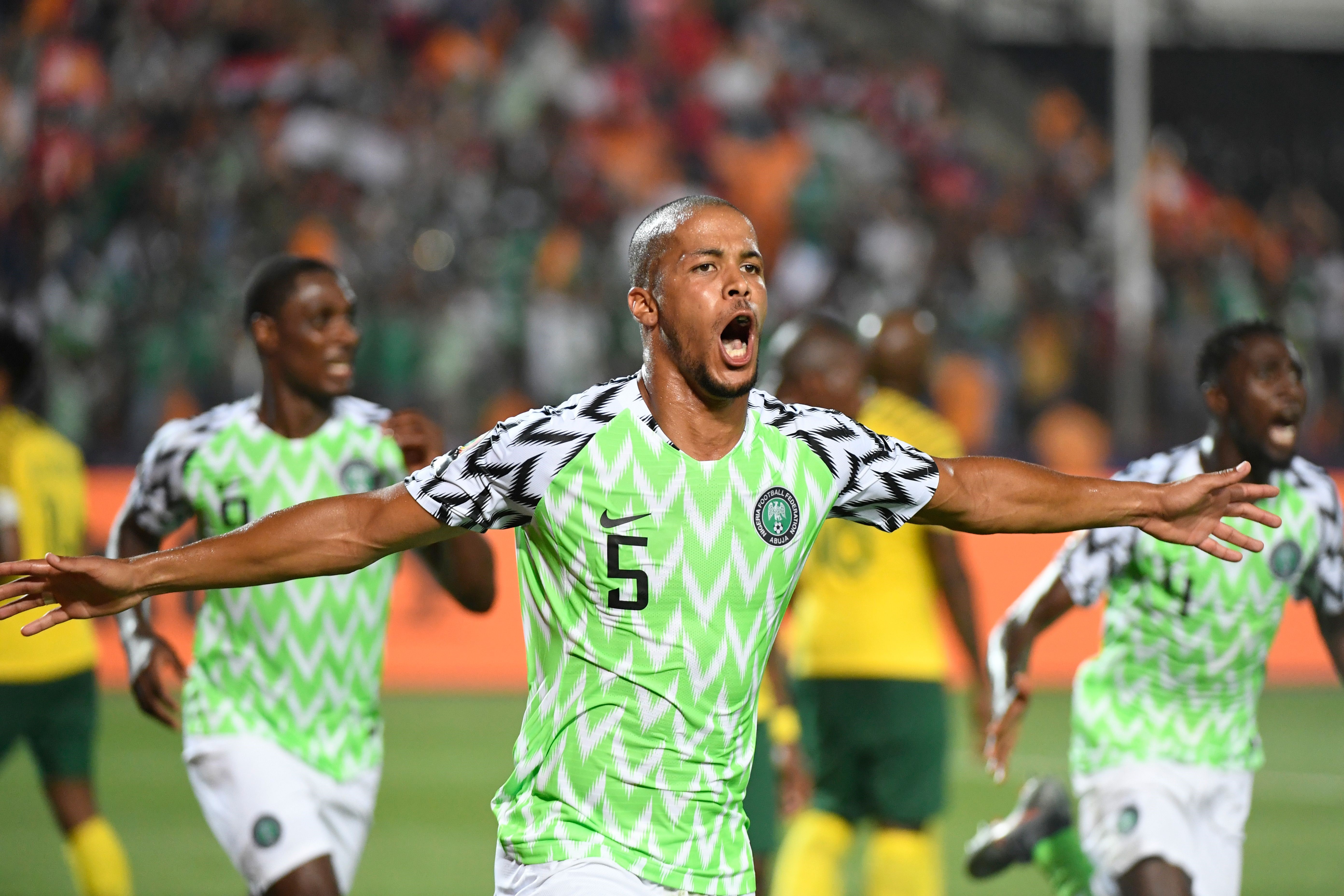 Nigeria's defender William Ekong celebrates his goal during the 2019 Africa Cup of Nations (CAN) quarter final football match between Nigeria and South Africa