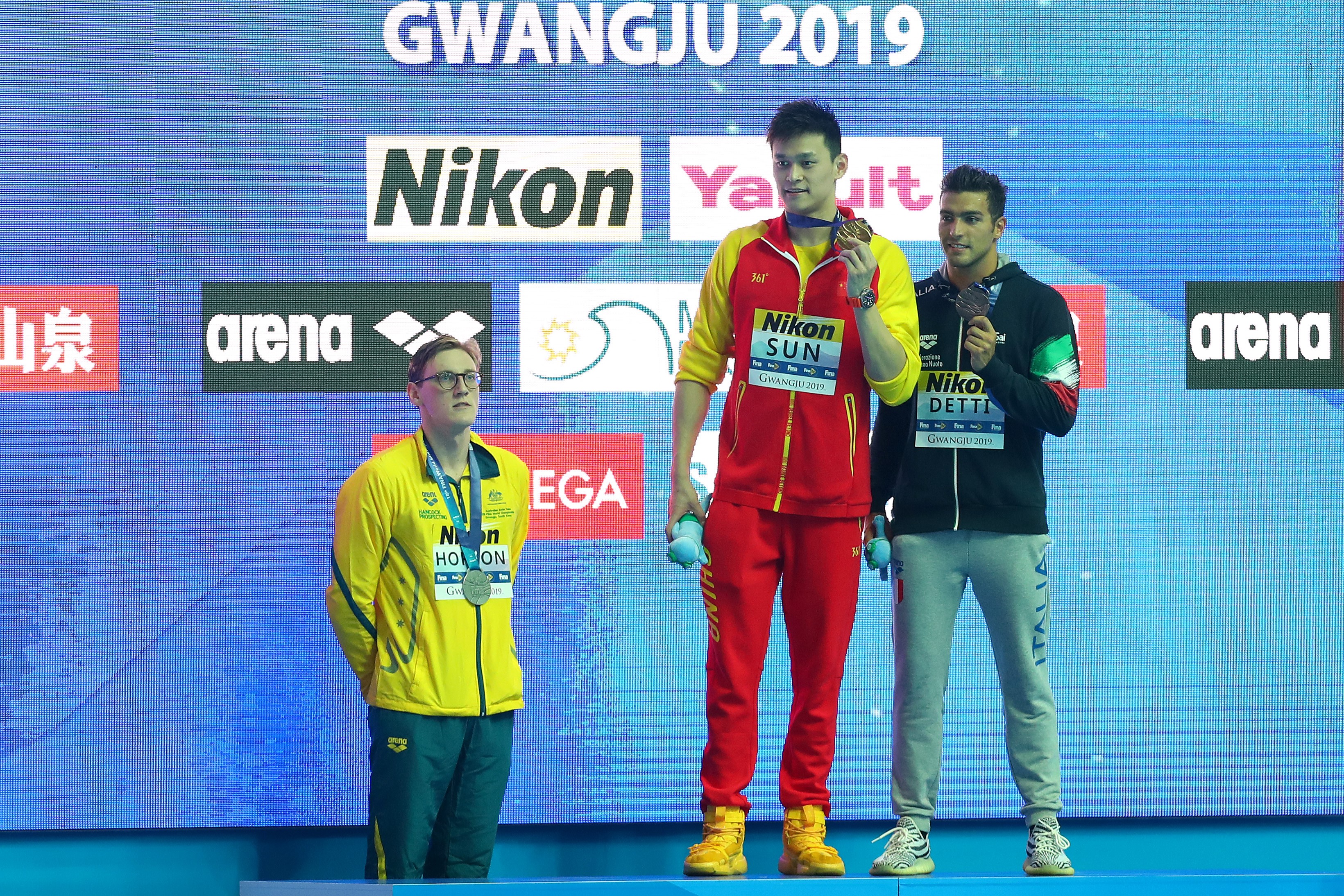 Sun Yang, Macl Horton et Gabriele Detti sur le podium du 400m nage libre lors des Mondiaux de Gwangju 2019
