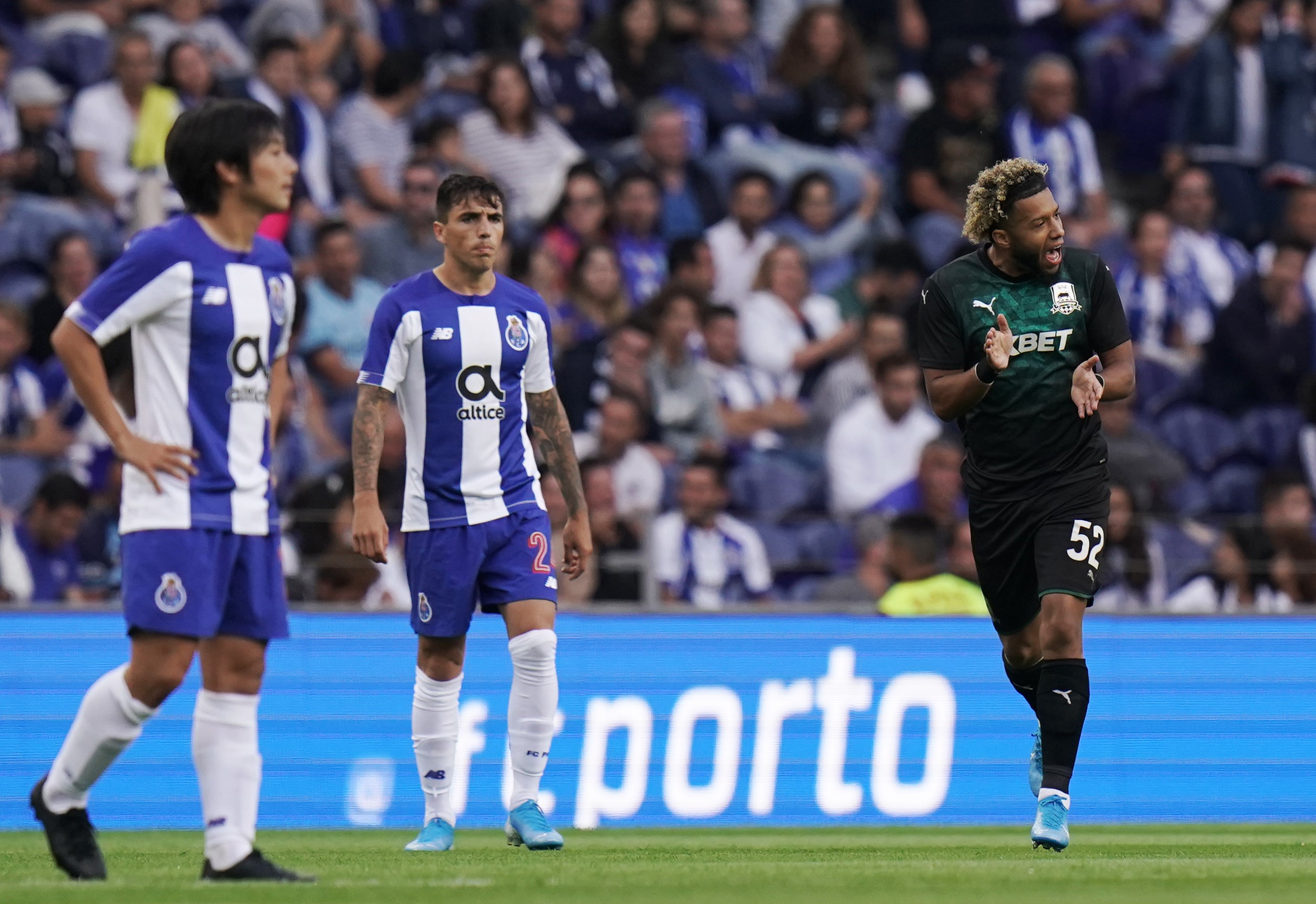 Tonny Vilhena of FC Krasnodar celebrates after scoring a goal during the UEFA Champions League Third Qualifying Round match between FC Porto and C Krasnodar at Estadio do Dragao on August 13, 2019 in Porto, Portugal