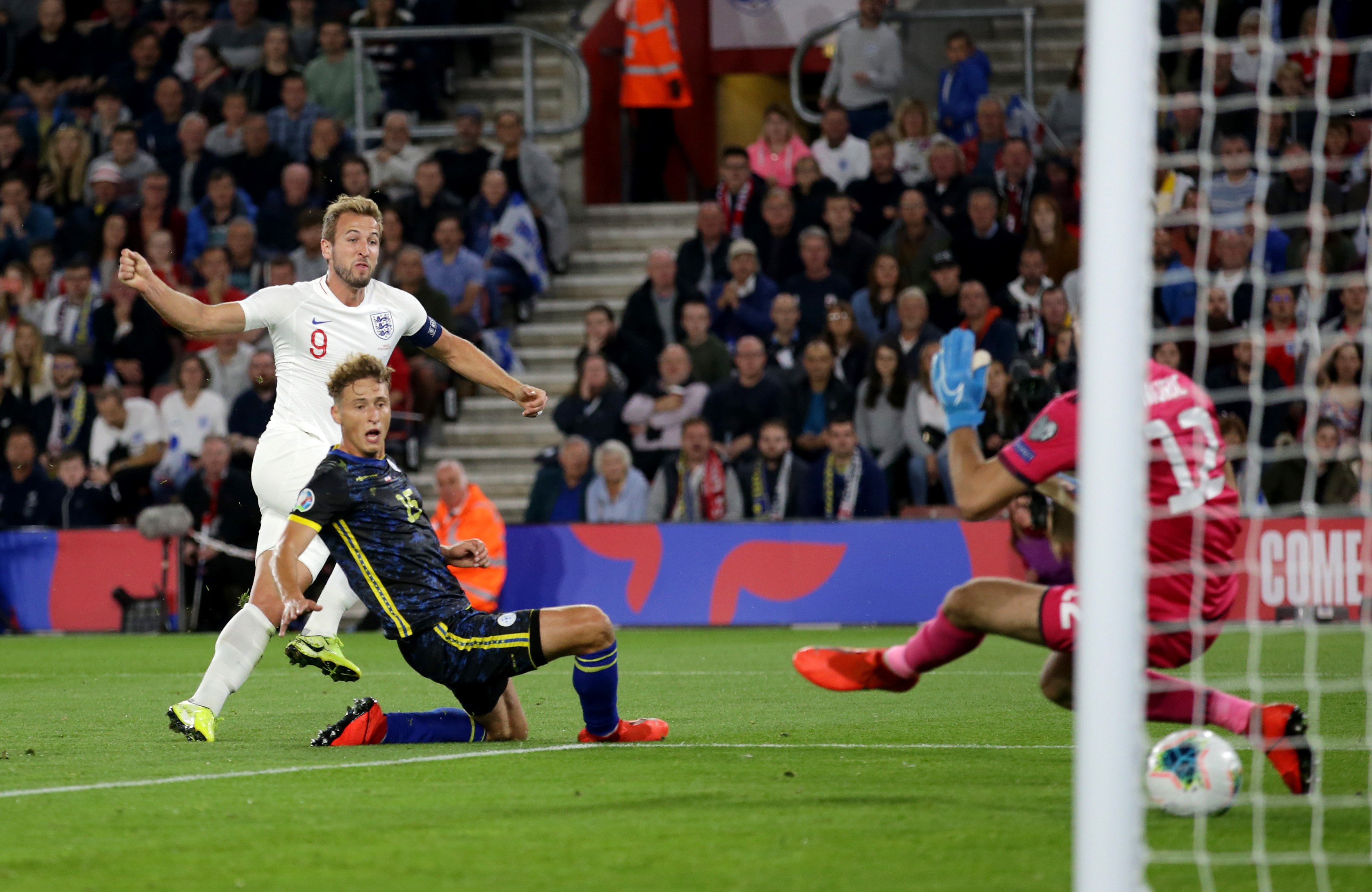 Harry Kane of England scores a goal to make it 2-1 during the UEFA Euro 2020 qualifier match between England and Kosovo at St. Mary's Stadium on September 10, 2019 in Southampton, England