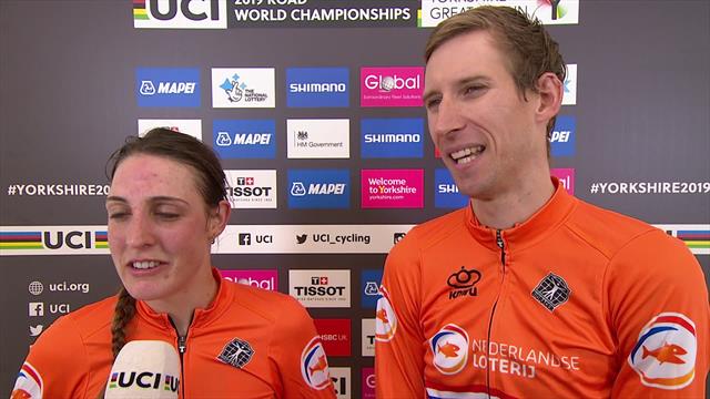 "Het is zoveel zwaarder dan een normale ploegentijdrit!" Bauke Mollema en Lucinda Brand na winnen WK "Het is zoveel zwaarder dan een normale ploegentijdrit!" Bauke Mollema en Lucinda Brand na winnen WK