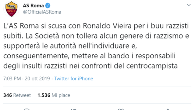 Calcio: Roma si scusa con Vieira per i 'buu' a Marassi Calcio: Roma si scusa con Vieira per i 'buu' a Marassi