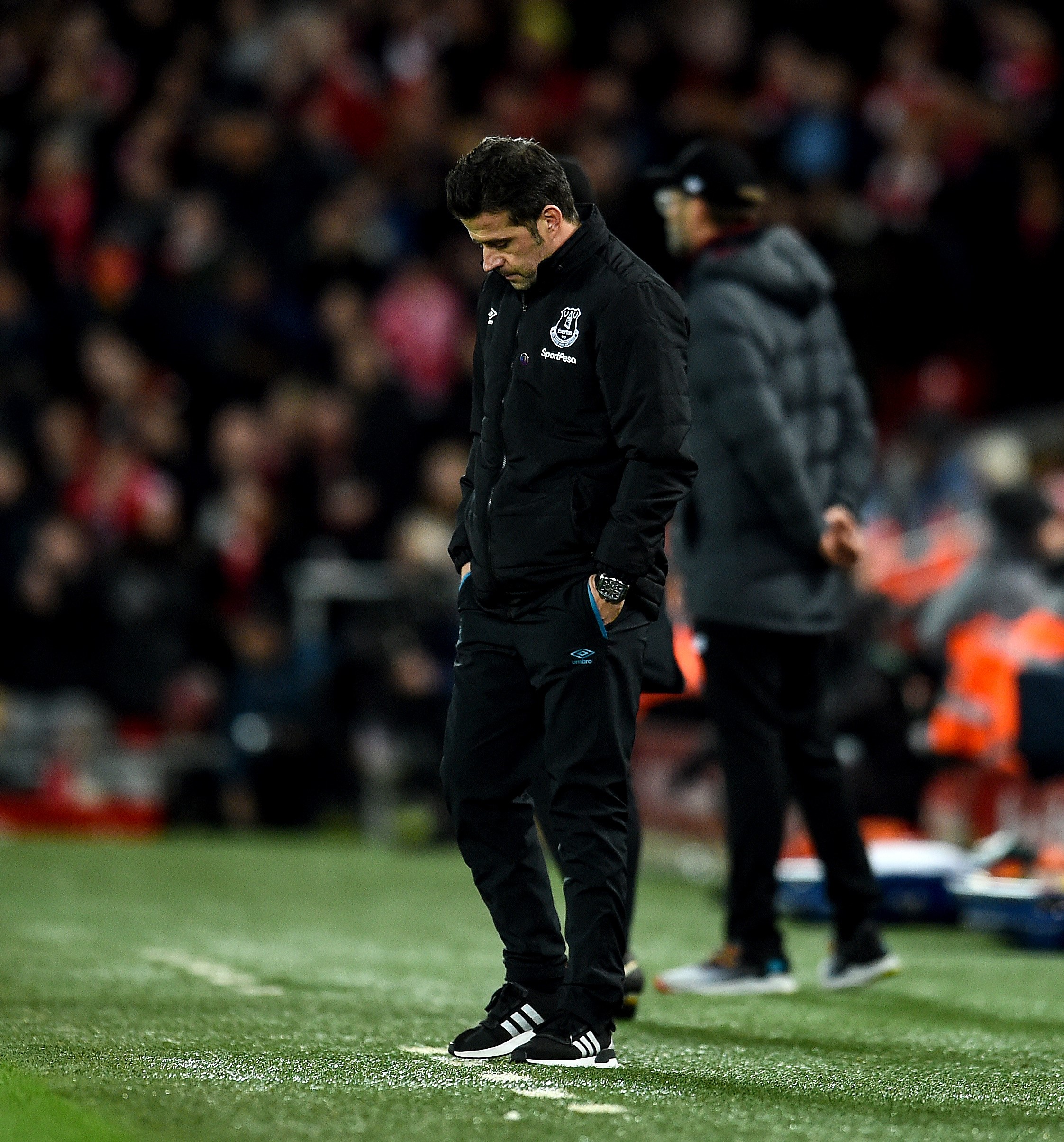 Marco Silva manager of Everton dejected during the Premier League match between Liverpool FC and Everton FC at Anfield on December 04, 2019