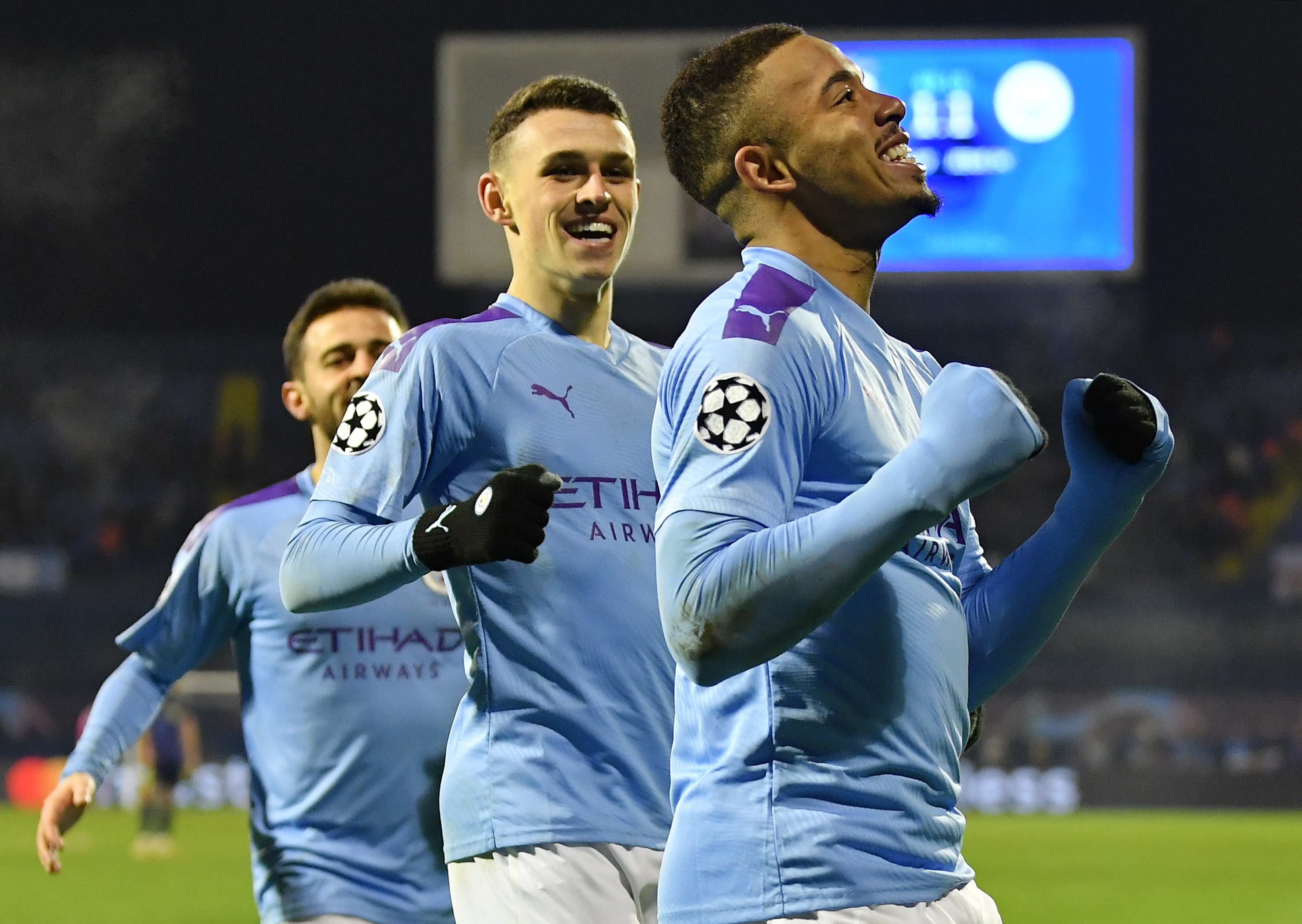 Gabriel Jesus of Manchester City celebrates after scoring his team's second goal during the UEFA Champions League group C match between Dinamo Zagreb and Manchester City at Maksimir Stadium