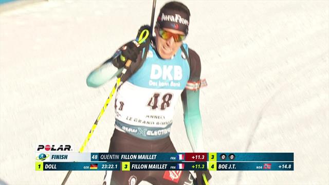 Fillon Maillet collapses after finishing third in 10km sprint Fillon Maillet collapses after finishing third in 10km sprint