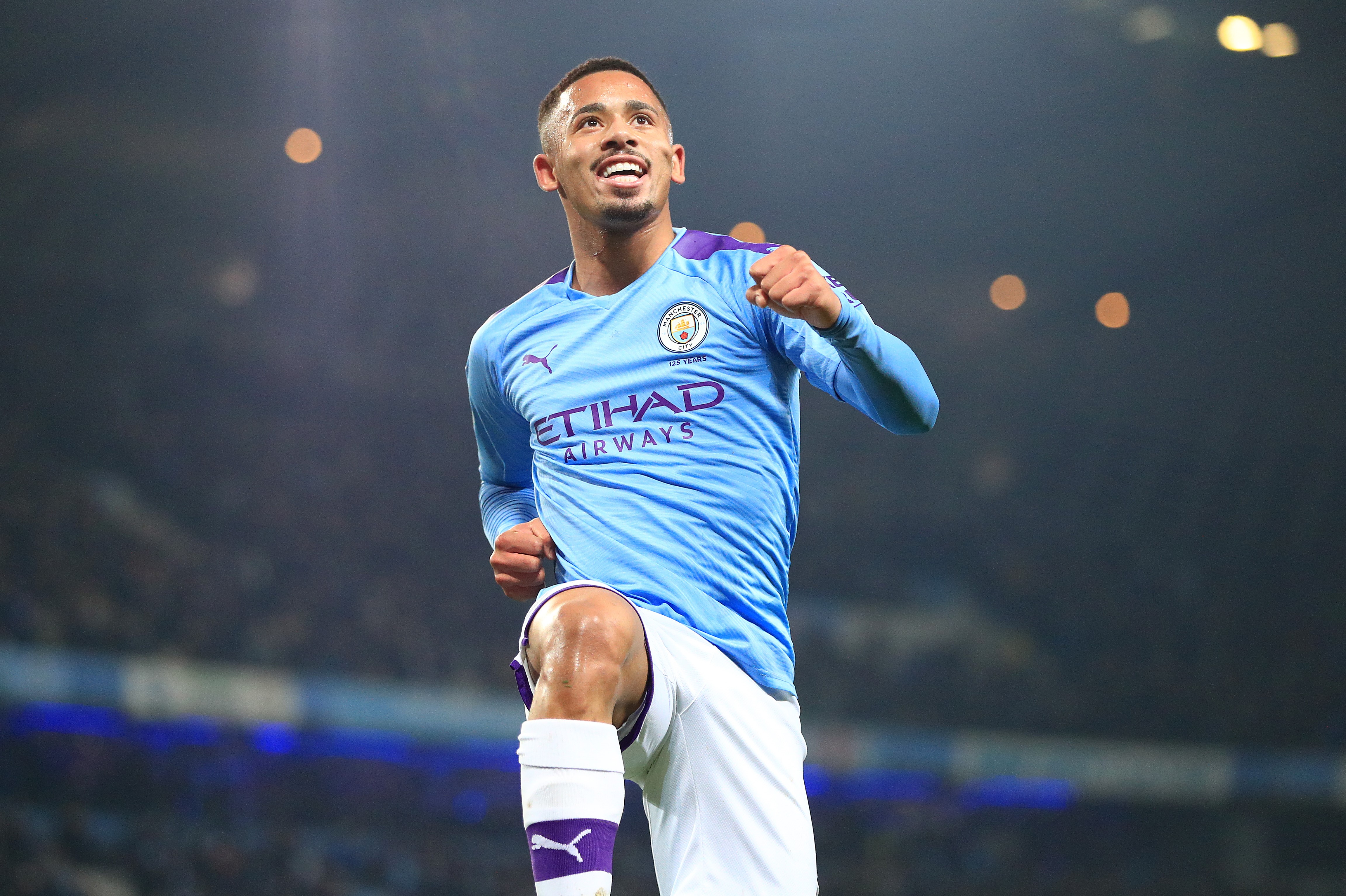 Gabriel Jesus of Manchester City celebrates after he scores his sides second goal during the Premier League match between Manchester City and Everton FC