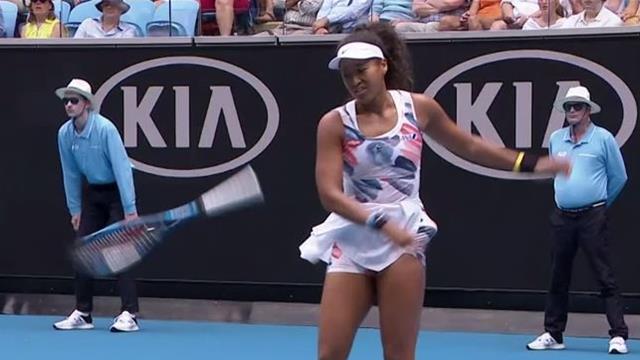 Osaka slams then kicks racket after being broken Osaka slams then kicks racket after being broken