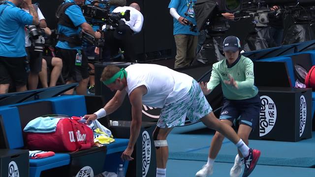 Ball-kid clatters into Sandgren at changeover Ball-kid clatters into Sandgren at changeover