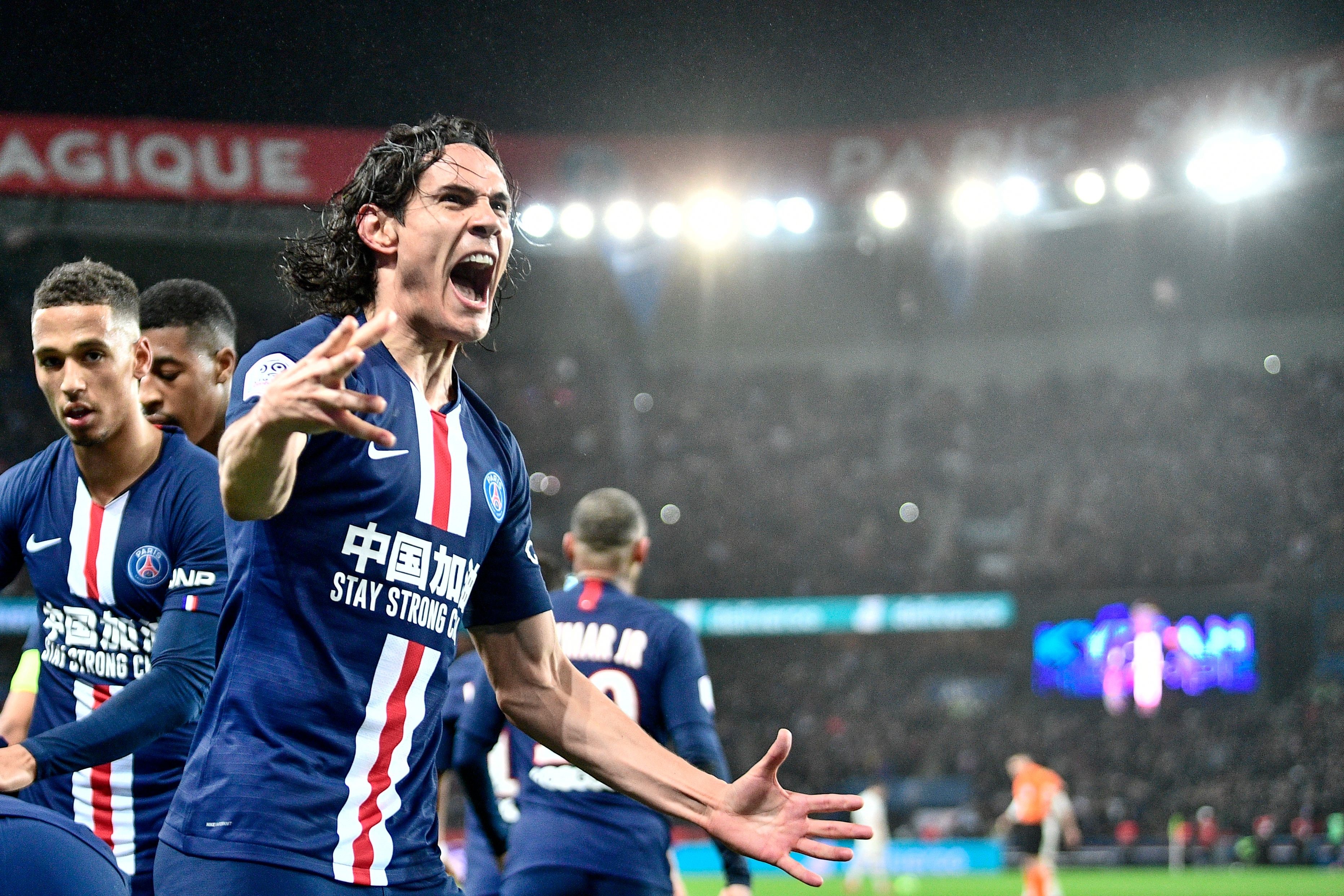 Paris Saint-Germain's Uruguayan forward Edinson Cavani celebrates after a goal during the French L1 football match between Paris Saint-Germain (PSG) and Girondins de Bordeaux at the Parc des Princes stadium in Paris, on February 23, 2020