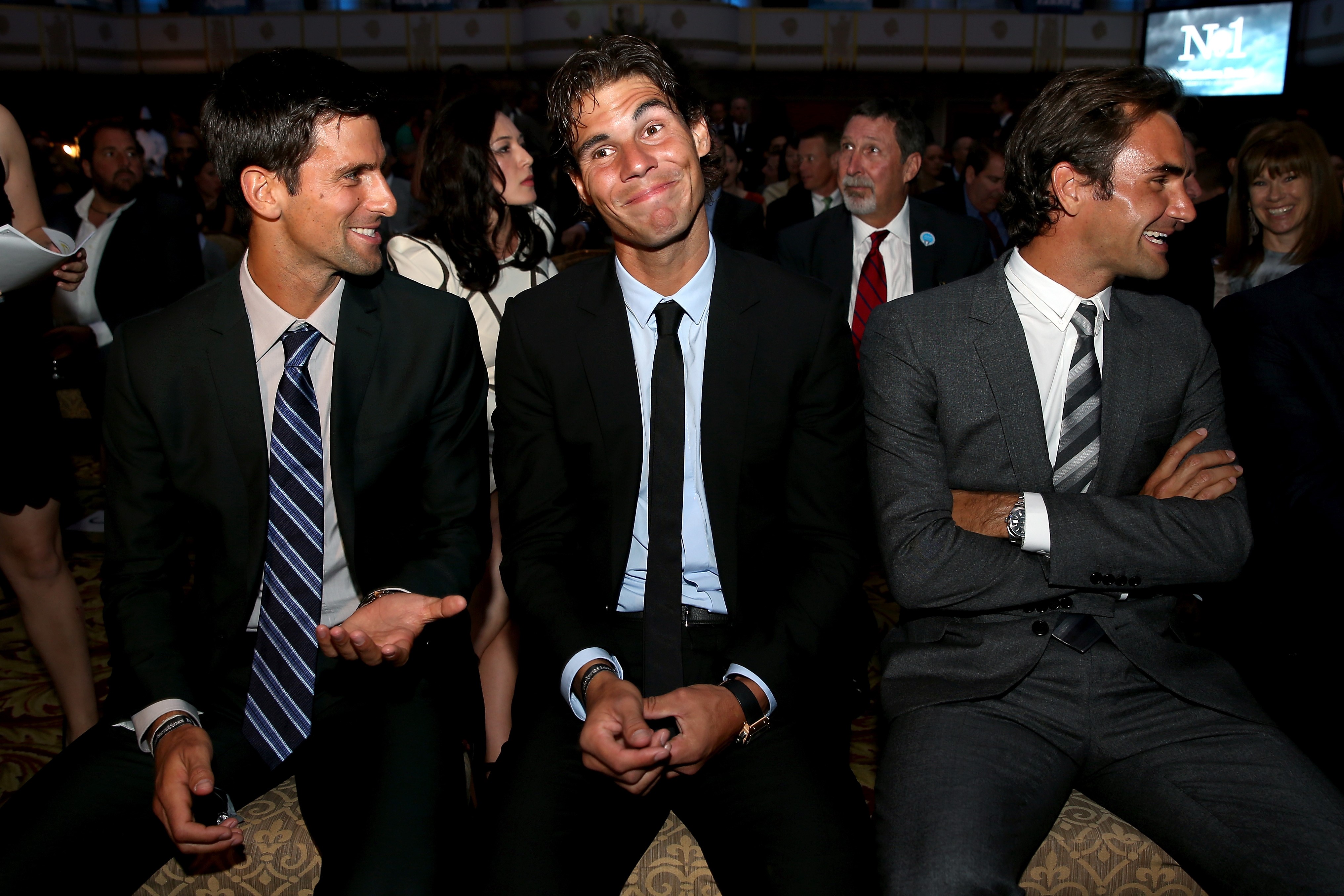 Novak Djokovic of Serbia, Rafael Nadal of Spain and Roger Federer of Switzerlan wait to go on stage during the ATP Heritage Celebration at The Waldorf=Astoria on August 23, 2013 in New York City.