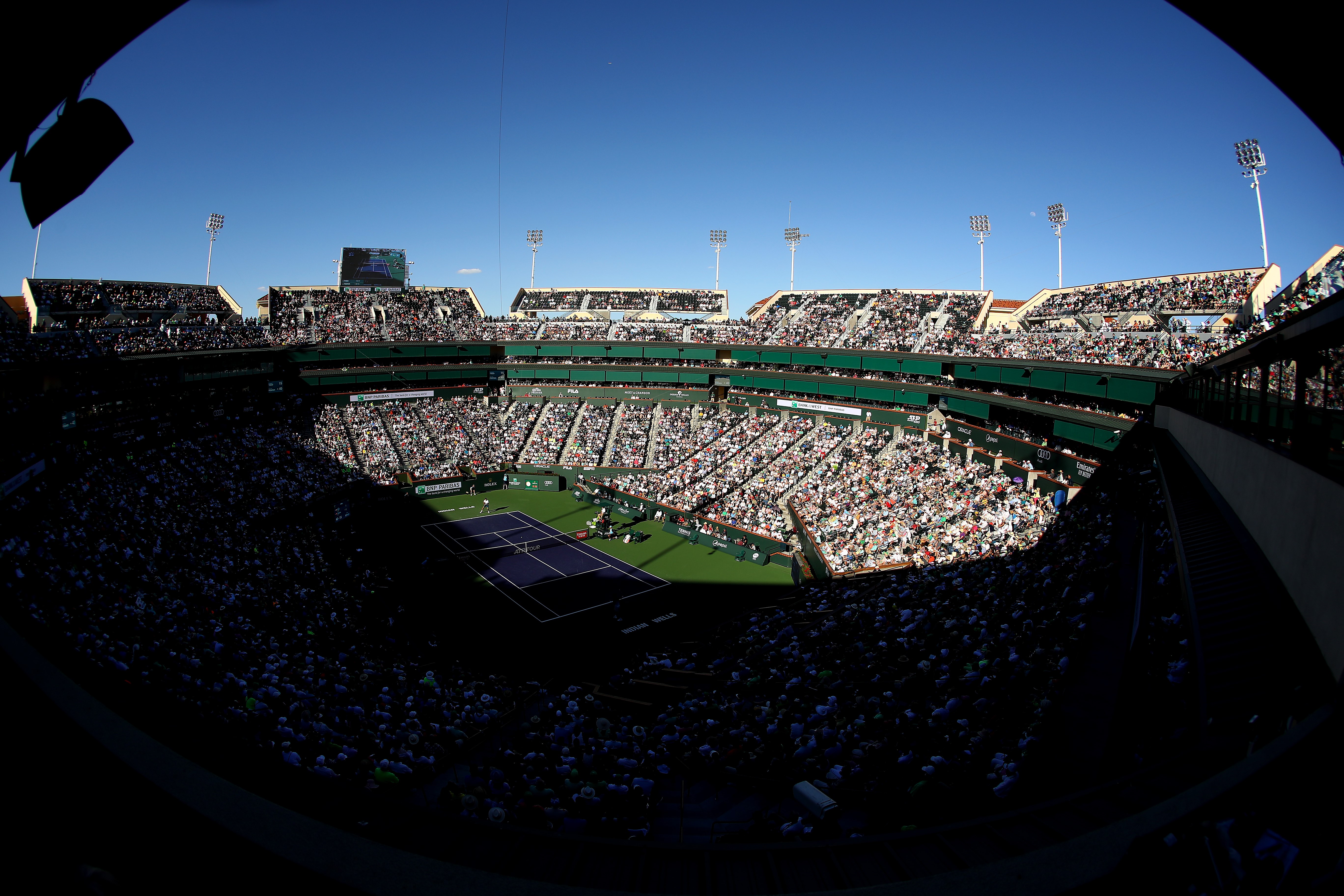 Vue sur le Stadium 1 lors du match entre Roger Federer - Dominic Thiem à Indian Wells en 2019