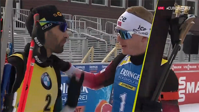 Une joie 100% bleue et une accolade avec Boe : c'était la dernière arrivée de Fourcade Une joie 100% bleue et une accolade avec Boe : c'était la dernière arrivée de Fourcade