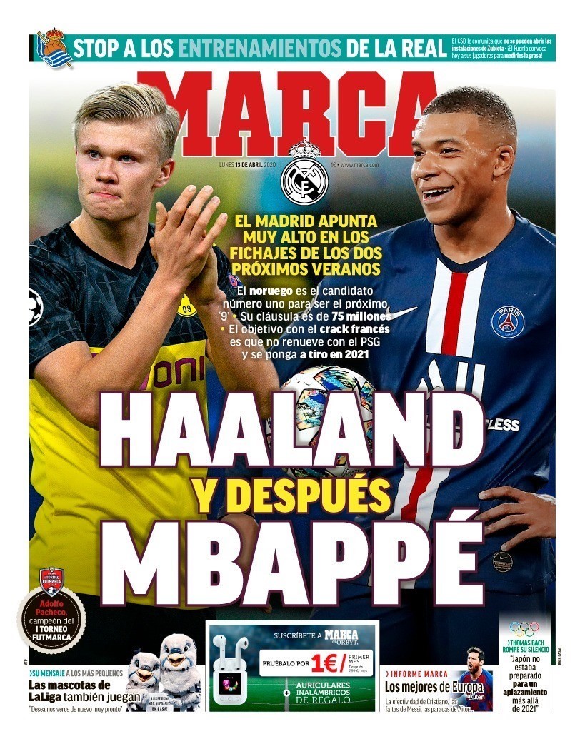 Prima pagina di Marca su Haaland e Mbappé