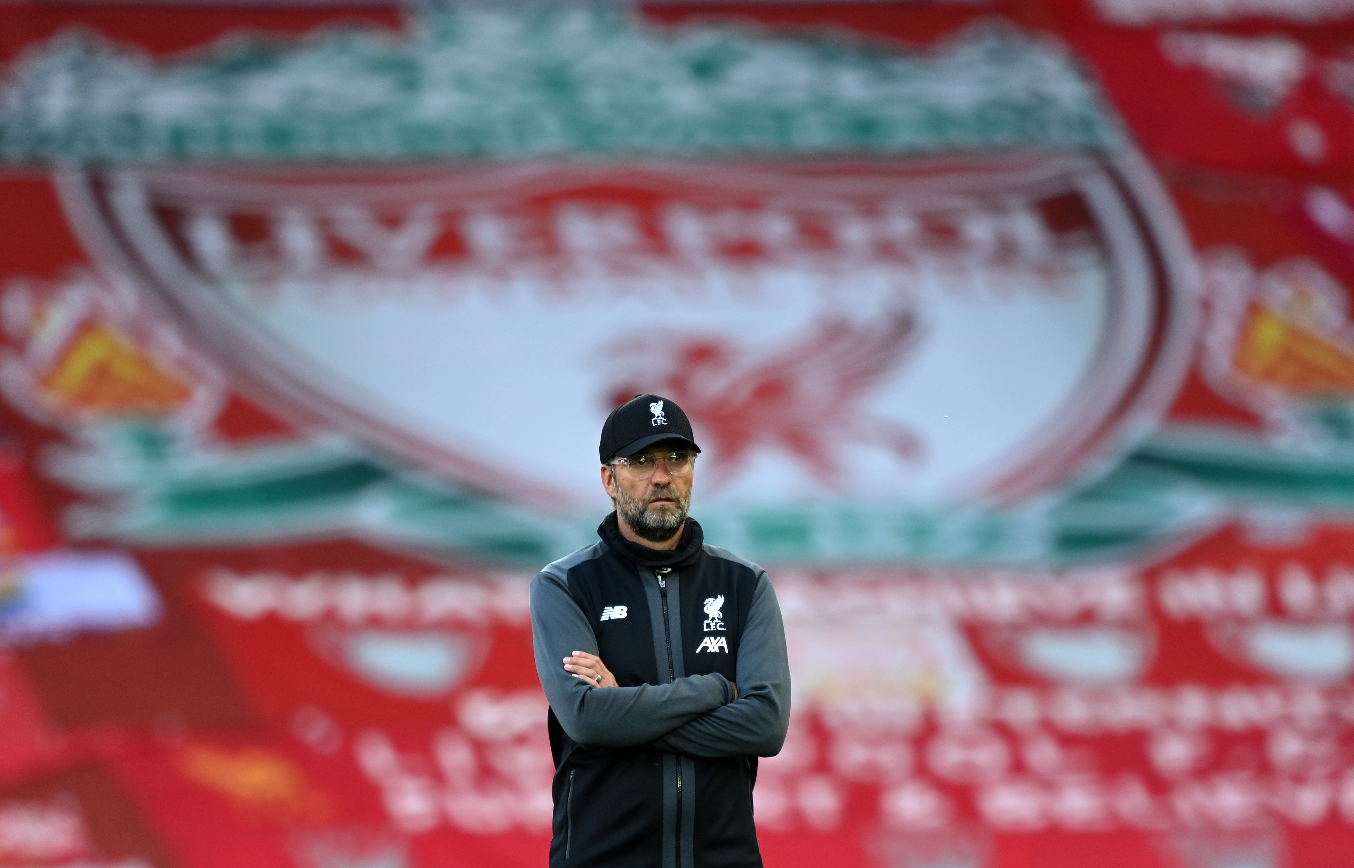 Liverpool manager Jurgen Klopp looks on prior to the Premier League match between Liverpool FC and Crystal Palace at Anfield on June 24, 2020 in Liverpool, England