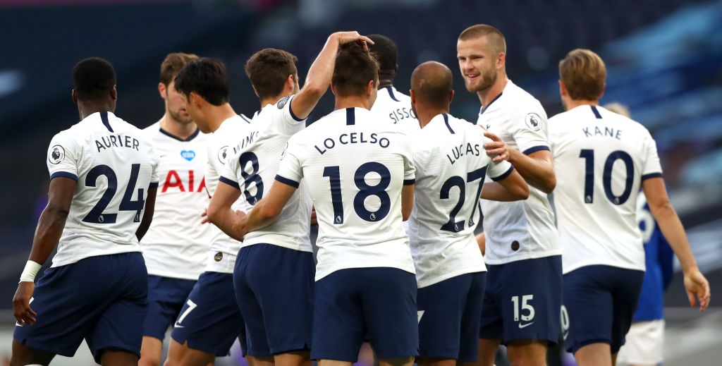 Tottenham Hotspur celebrate their teams first goal which was an own goal scored by Michael Keane of Everton during the Premier League match between Tottenham Hotspur and Everton FC at Tottenham Hotspur Stadium on July 06, 2020