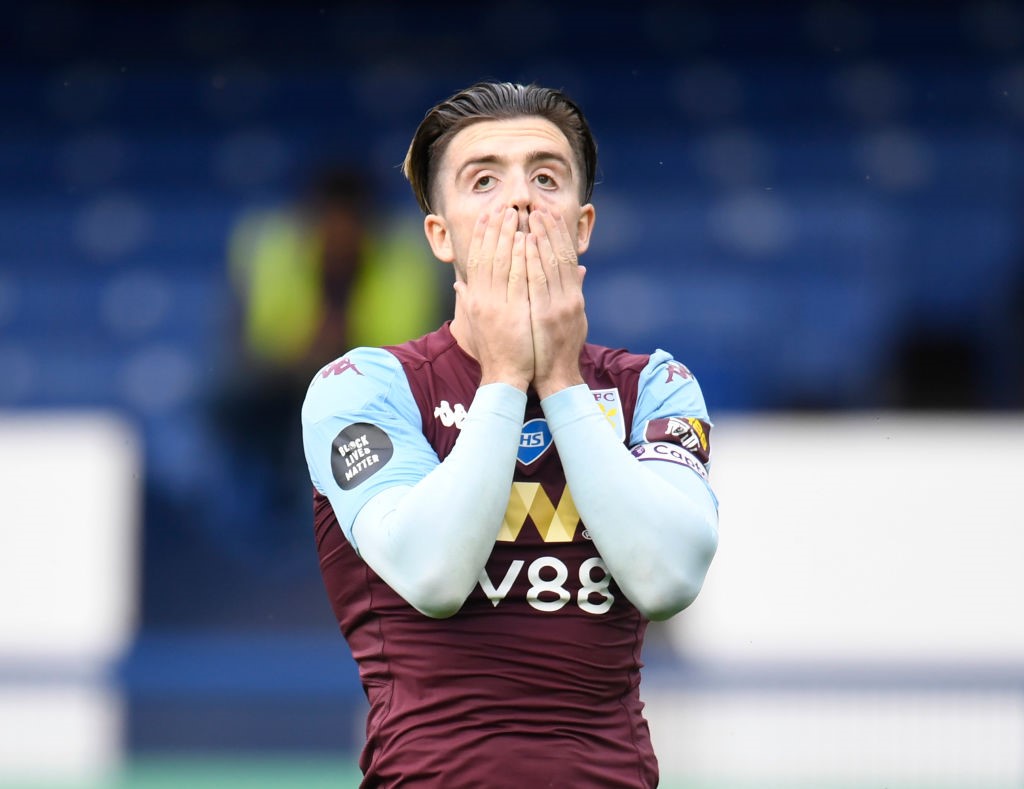 Jack Grealish of Aston Villa reacts during the Premier League match between Everton FC and Aston Villa at Goodison Park on July 16, 2020 in Liverpool, England. Football Stadiums around Europe remain empty due to the Coronavirus Pandemic as Government soci