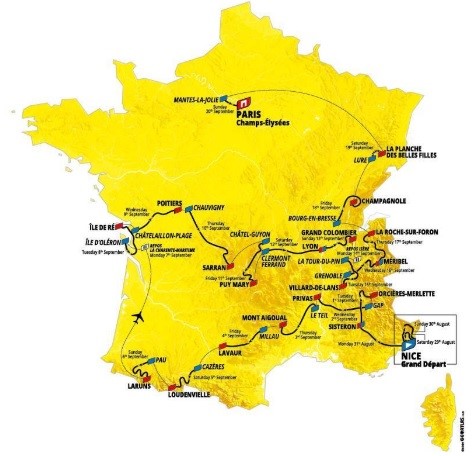 Cartina Francia per il Tour de France 2020