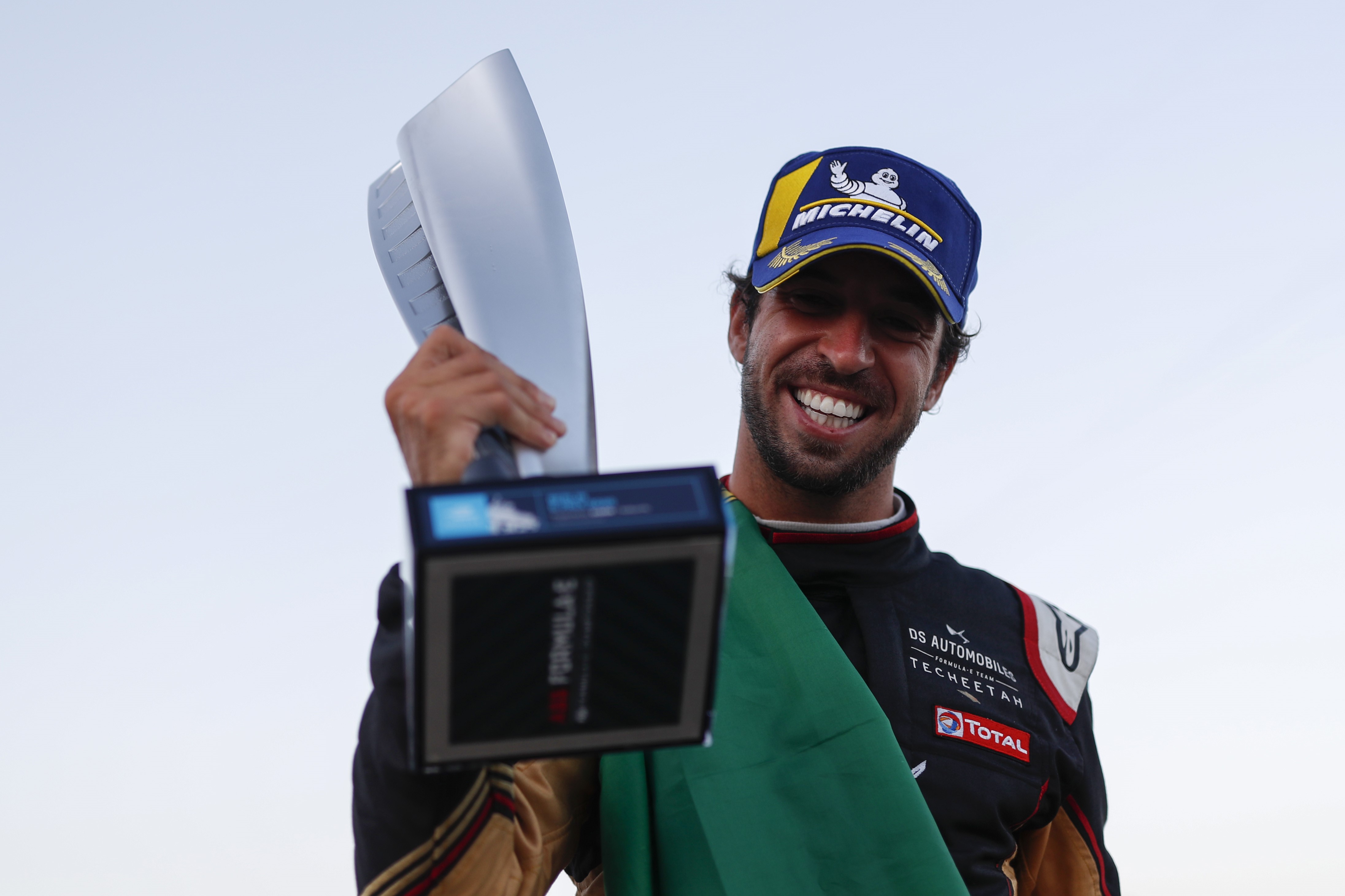 In this handout provided by FIA Formula E, Antonio Félix da Costa (PRT), DS Techeetah poses with his trophy during the ABB FIA Formula E Championship Round Seven - Berlin E-Prix on August 6, 2020 in Berlin, Germany.