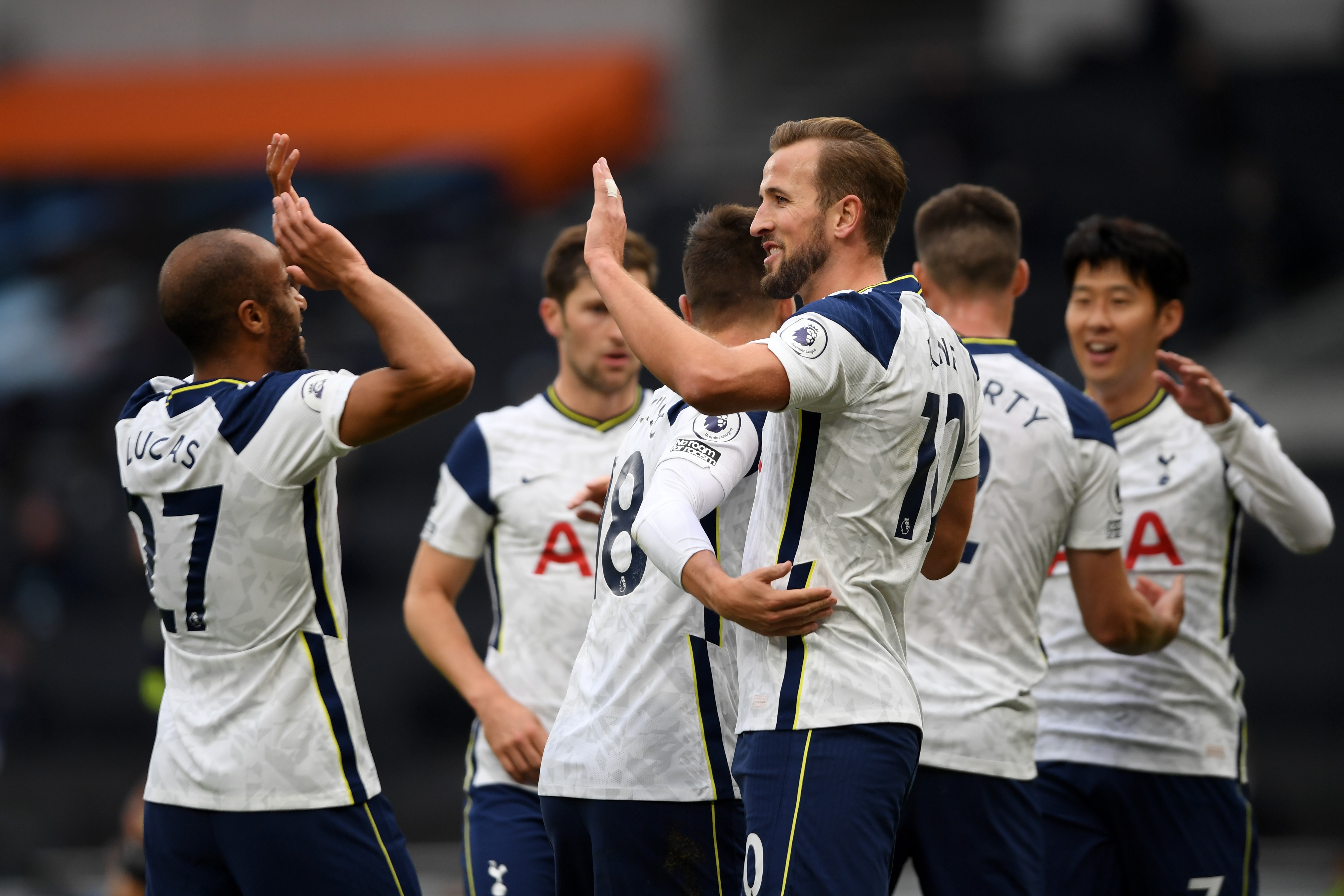 ucas Moura of Tottenham Hotspur celebrates with teammate Harry Kane after scoring his team's first goal during the Premier League match between Tottenham Hotspur and Newcastle United