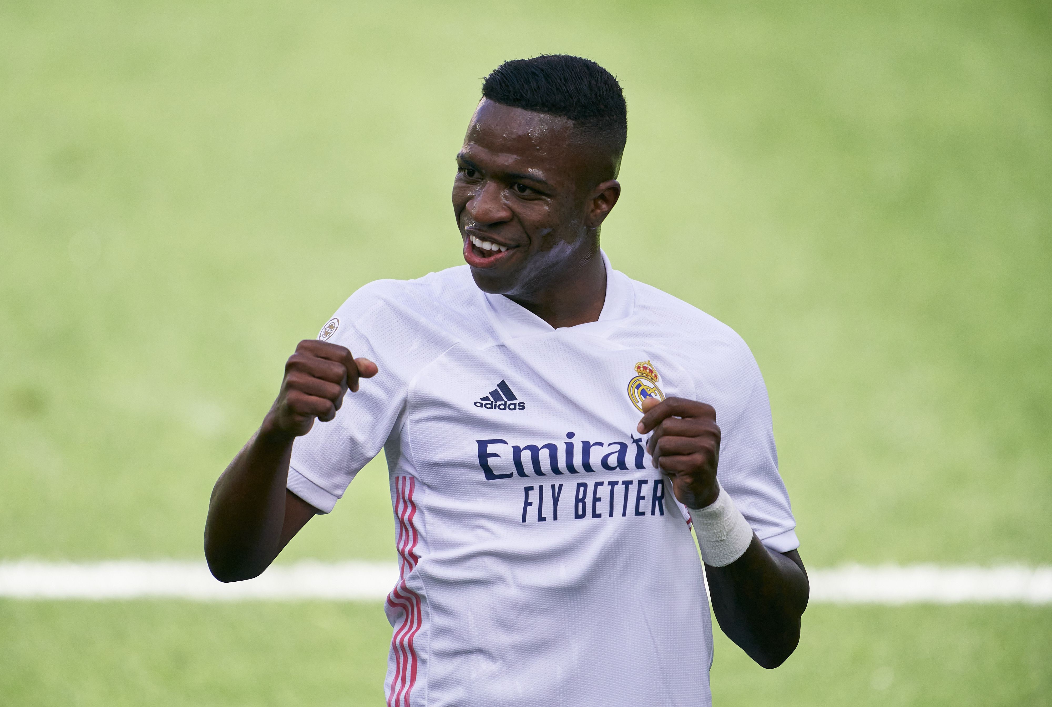 Vinicius Junior of Real Madrid celebrates after scoring his team's first goal during the La Liga Santander match between Levante UD and Real Madrid