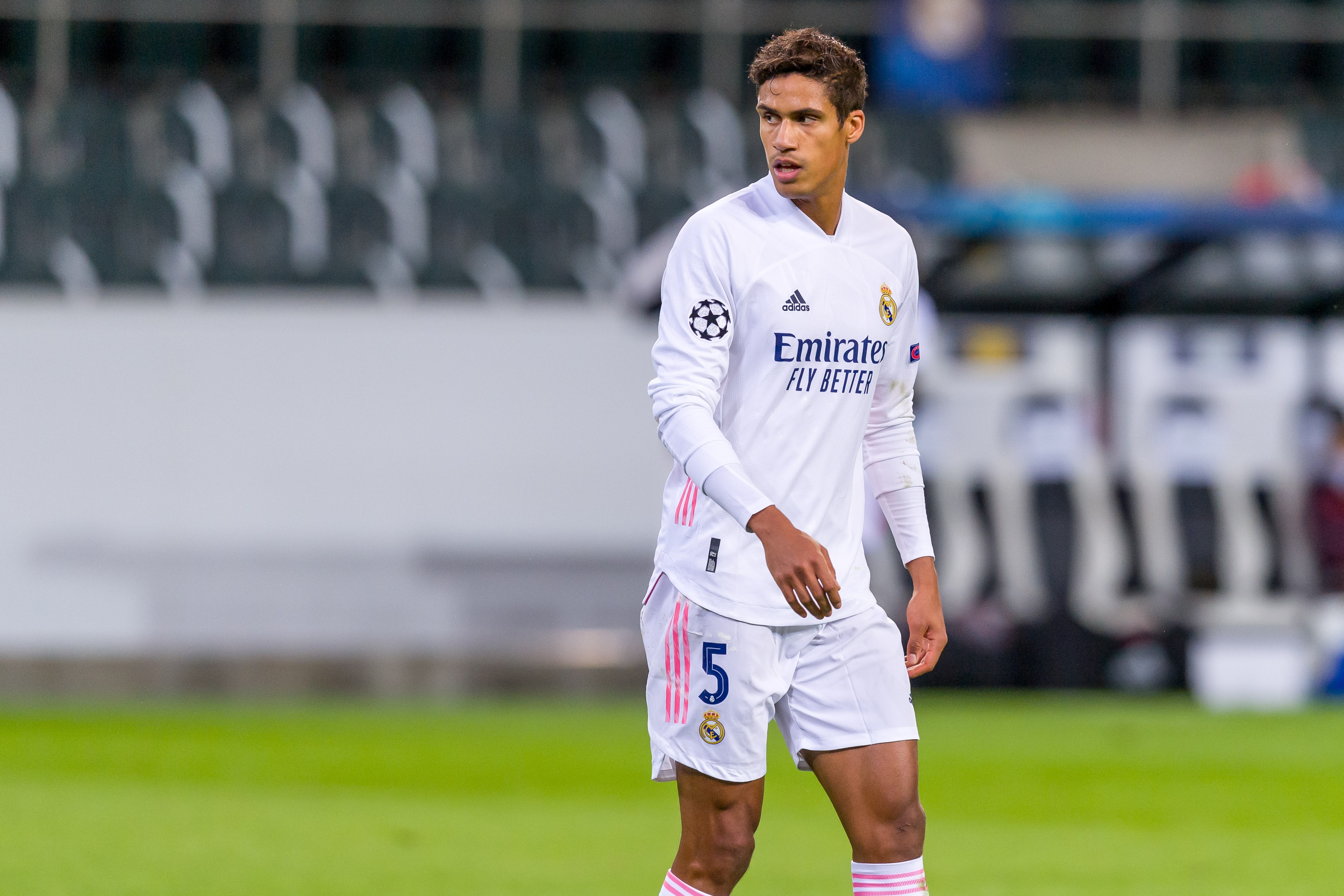 MOENCHENGLADBACH, GERMANY - OCTOBER 27: (BILD ZEITUNG OUT) Raphael Varane of Real Madrid looks on during the UEFA Champions League Group B stage match between Borussia Moenchengladbach and Real Madrid at Borussia-Park on October 27, 2020 in Moenchengladba