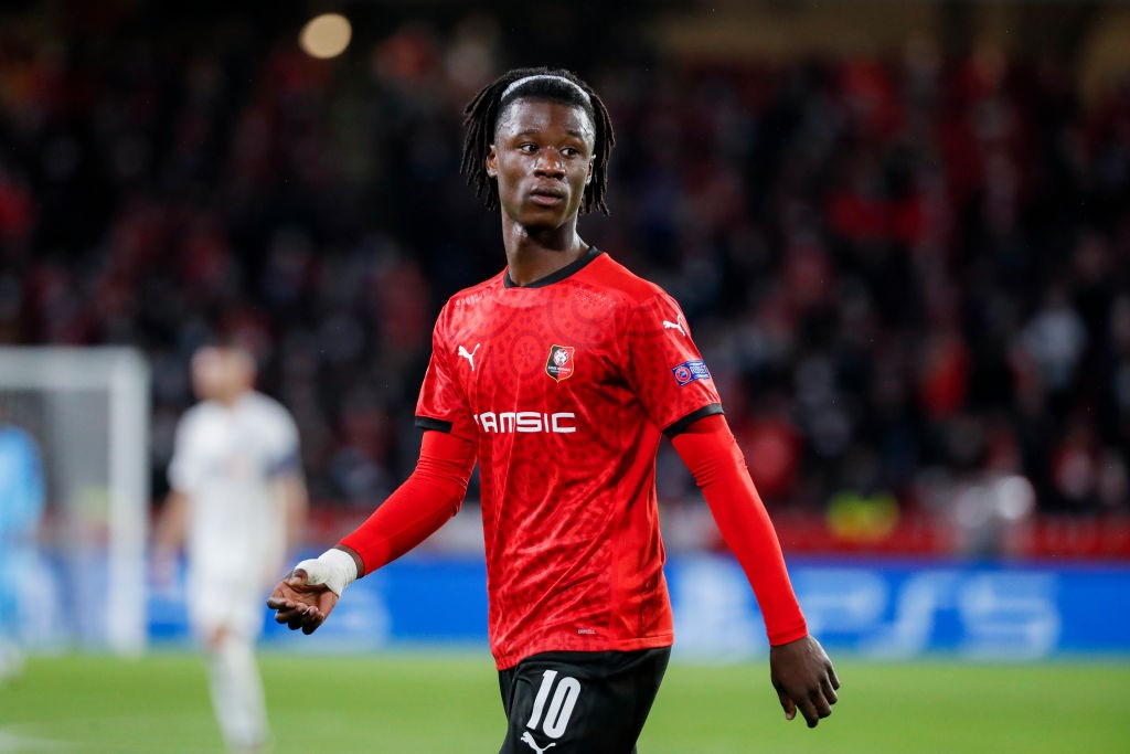 Eduardo Camavinga #10 of Stade Rennais FC looks on during the UEFA Champions League Group E stage match between Stade Rennais and FC Krasnodar at Roazhon Park on October 20, 2020