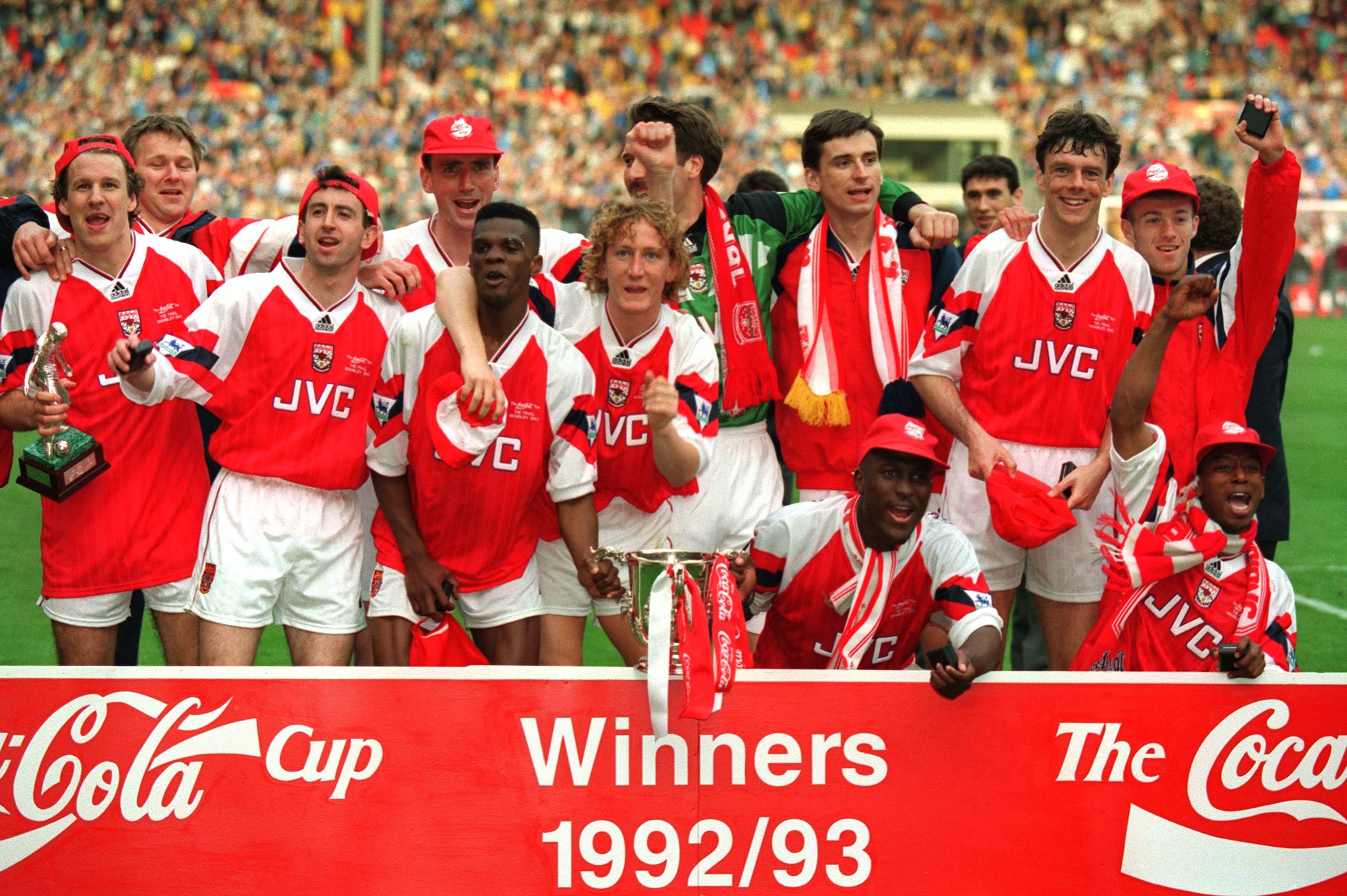 Wembley, Coca Cola Cup Final, Arsenal v Sheffield Wednesday, Arsenal players Paul Merson, Nigel Winterburn, Andy Linighan, Paul Davis, Ray Parlour, David Seaman, Alan Smith, Kevin Campbell, David O'Leary, Ian Selley and Ian Wright celebrate with the cup