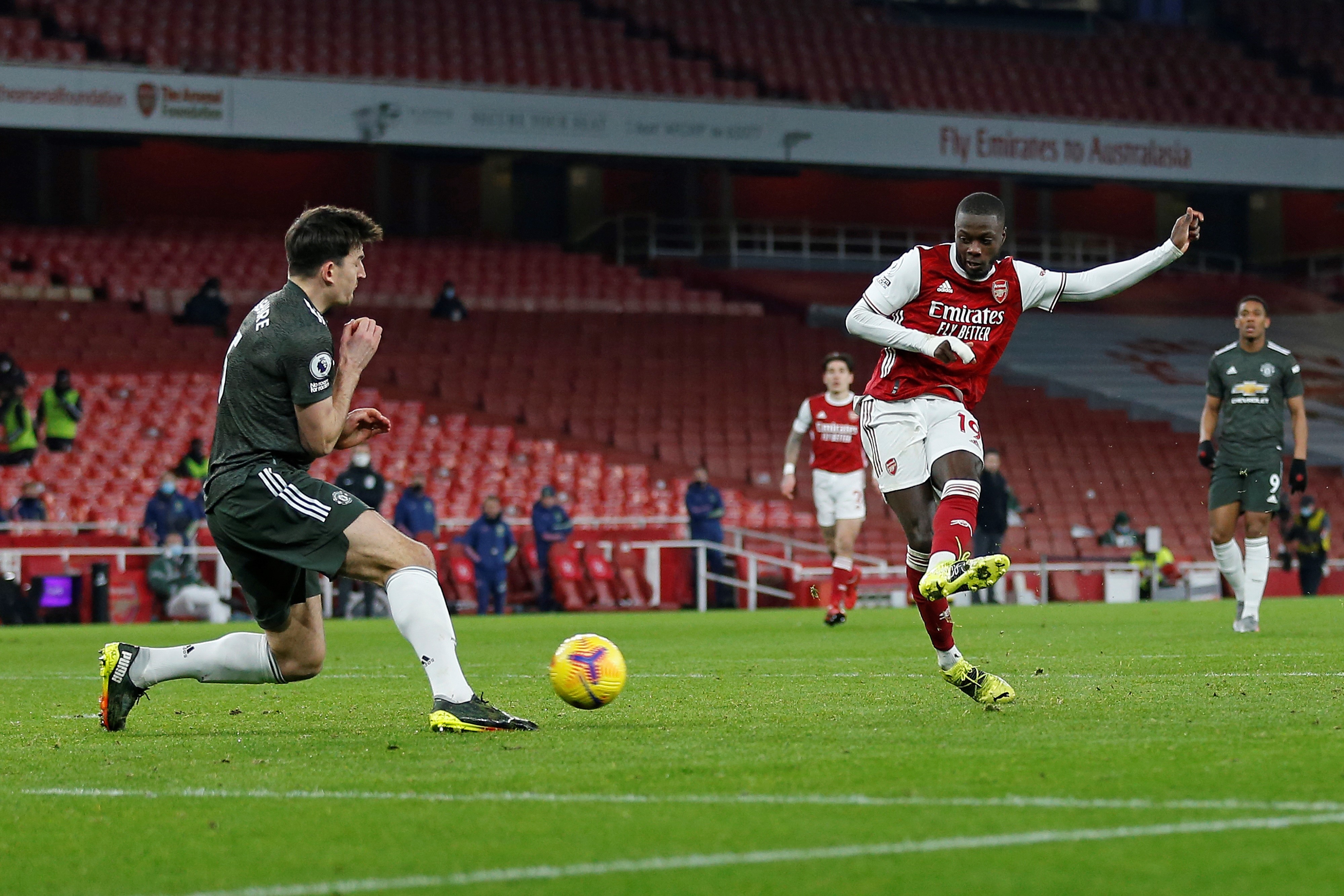 Harry Maguire Arsenal's French-born Ivorian midfielder Nicolas Pepe during the English Premier League football match between Arsenal and Manchester United at the Emirates Stadium in London on Jan