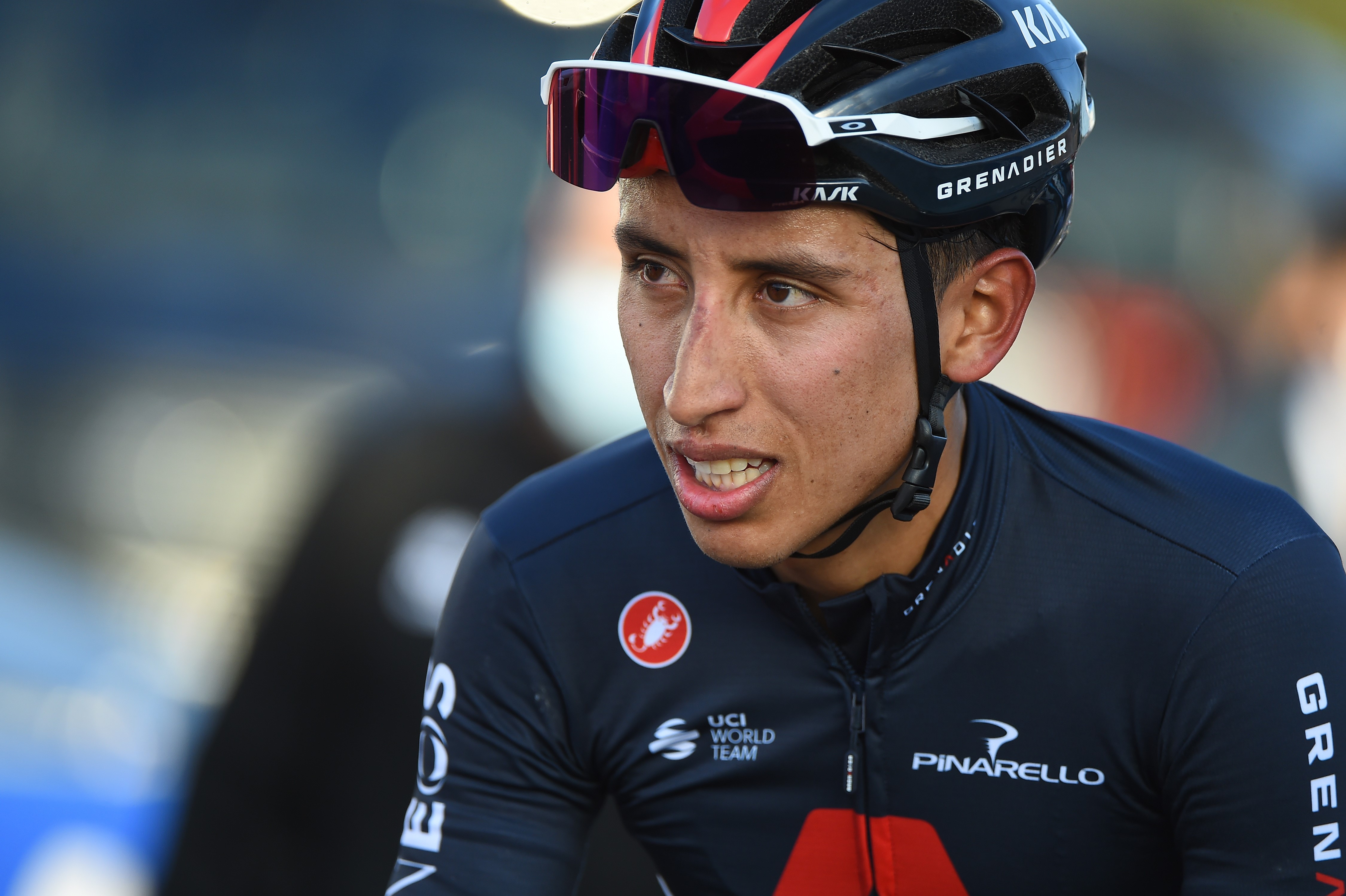 Team Ineos Grenadiers Colombian cyclist Egan Bernal looks on after crossing the finish line of the first stage of the 51st Etoile de Besseges cycling race