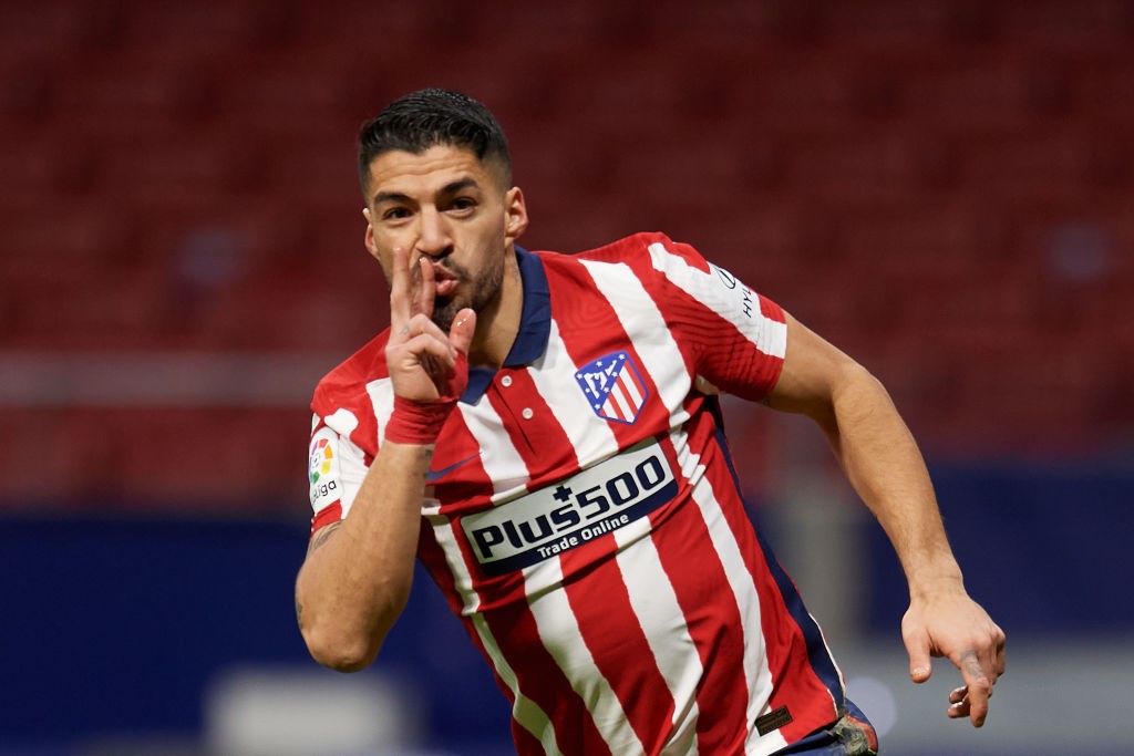 Luis Suarez of Atletico Madrid celebrates after scoring his sides first goal during the La Liga Santander match between Atletico de Madrid and RC Celta at Estadio Wanda Metropolitano on February 8, 2021