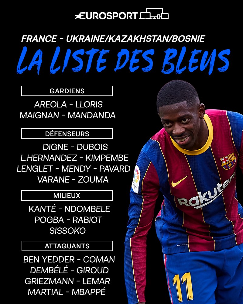 La liste des 26 Bleus pour les matches contre l'Ukraine, le Kazakhstan et la Bosnie-Herzégovine.