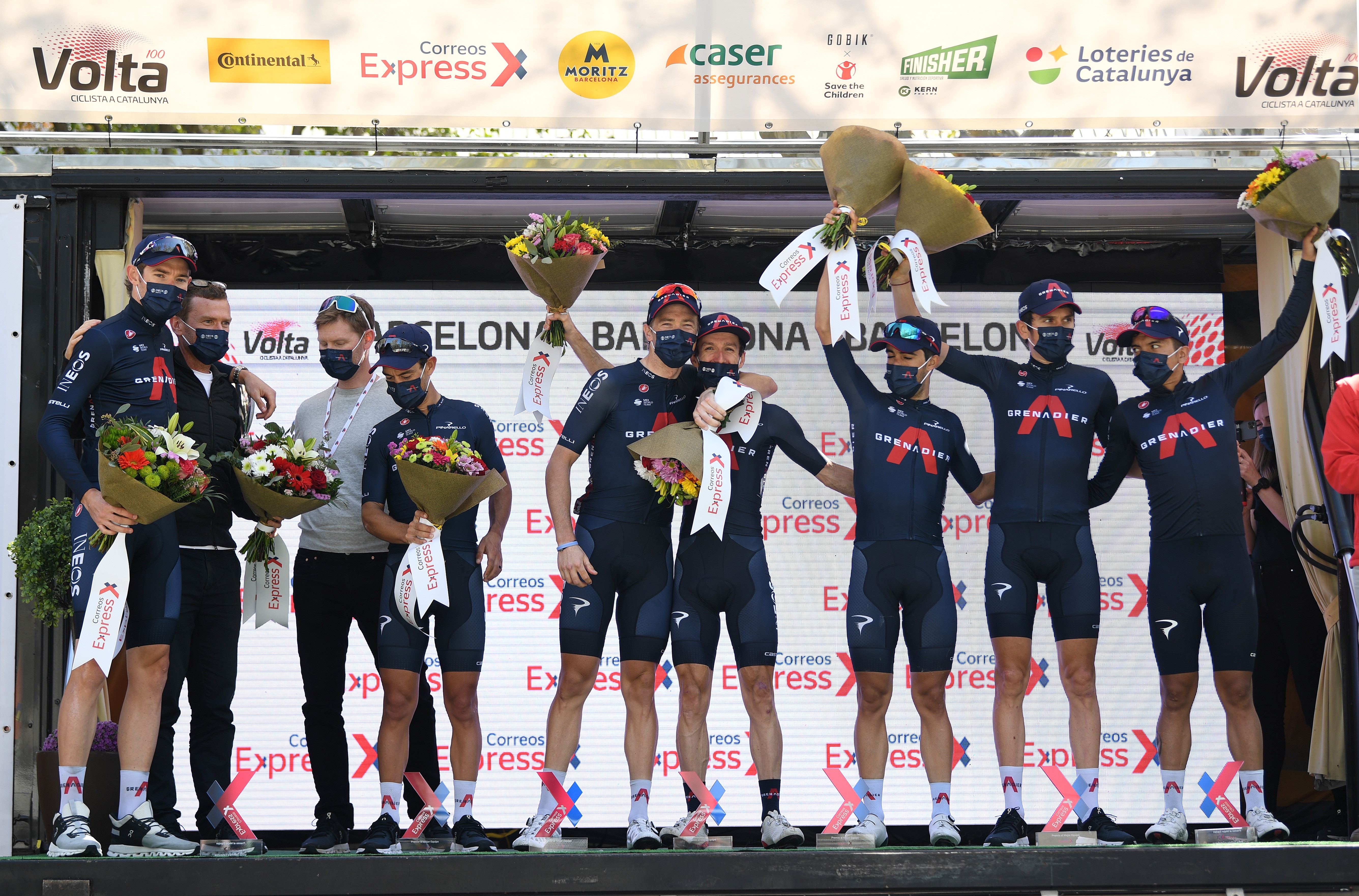 Richie Porte of Australia, Richard Carapaz of Ecuador, Adam Yates of United Kingdom, Geraint Thomas of United Kingdom, Rohan Dennis of Australia, Jonathan Castroviejo of Spain & Luke Rowe of United Kingdom and Team INEOS Grenadiers celebrate