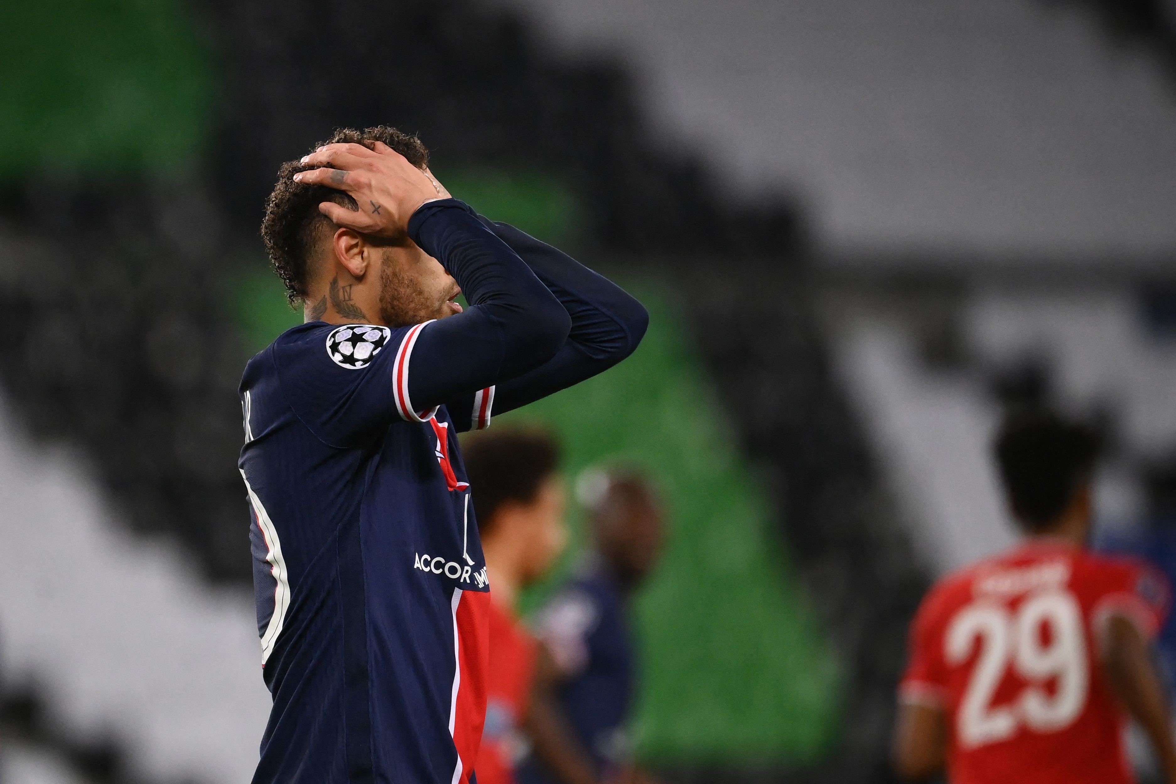 Paris Saint-Germain's Brazilian forward Neymar reacts during the UEFA Champions League quarter-final second leg football match between Paris Saint-Germain (PSG) and FC Bayern Munich at the Parc des Princes stadium in Paris, on April 13, 2021.