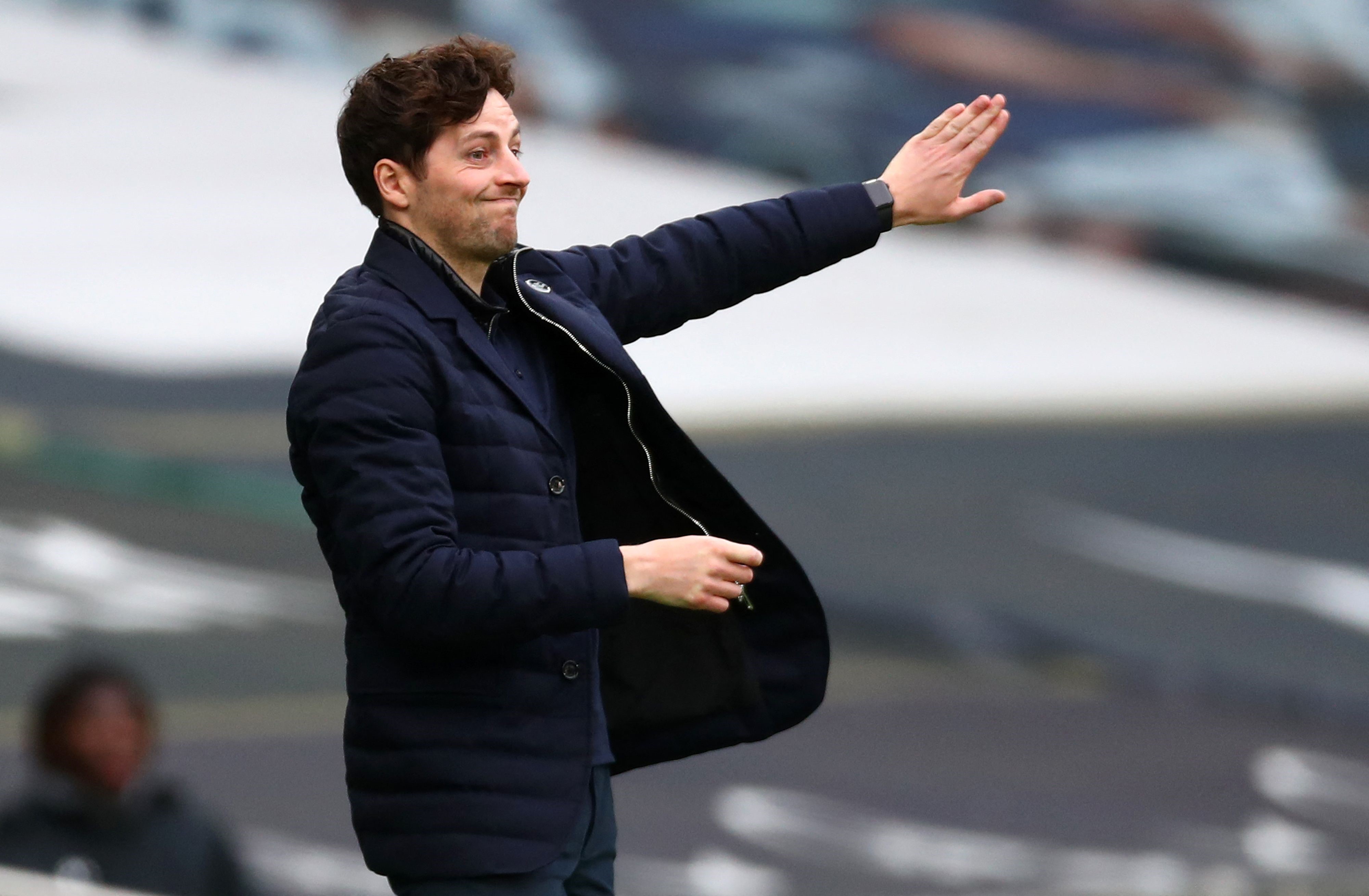 Tottenham Hotspur's Interim Head Coach Ryan Mason shouts instructions to his players from the touchline during the English Premier League football match between Tottenham Hotspur and Southampton at Tottenham Hotspur Stadium in London, on April 21, 2021.