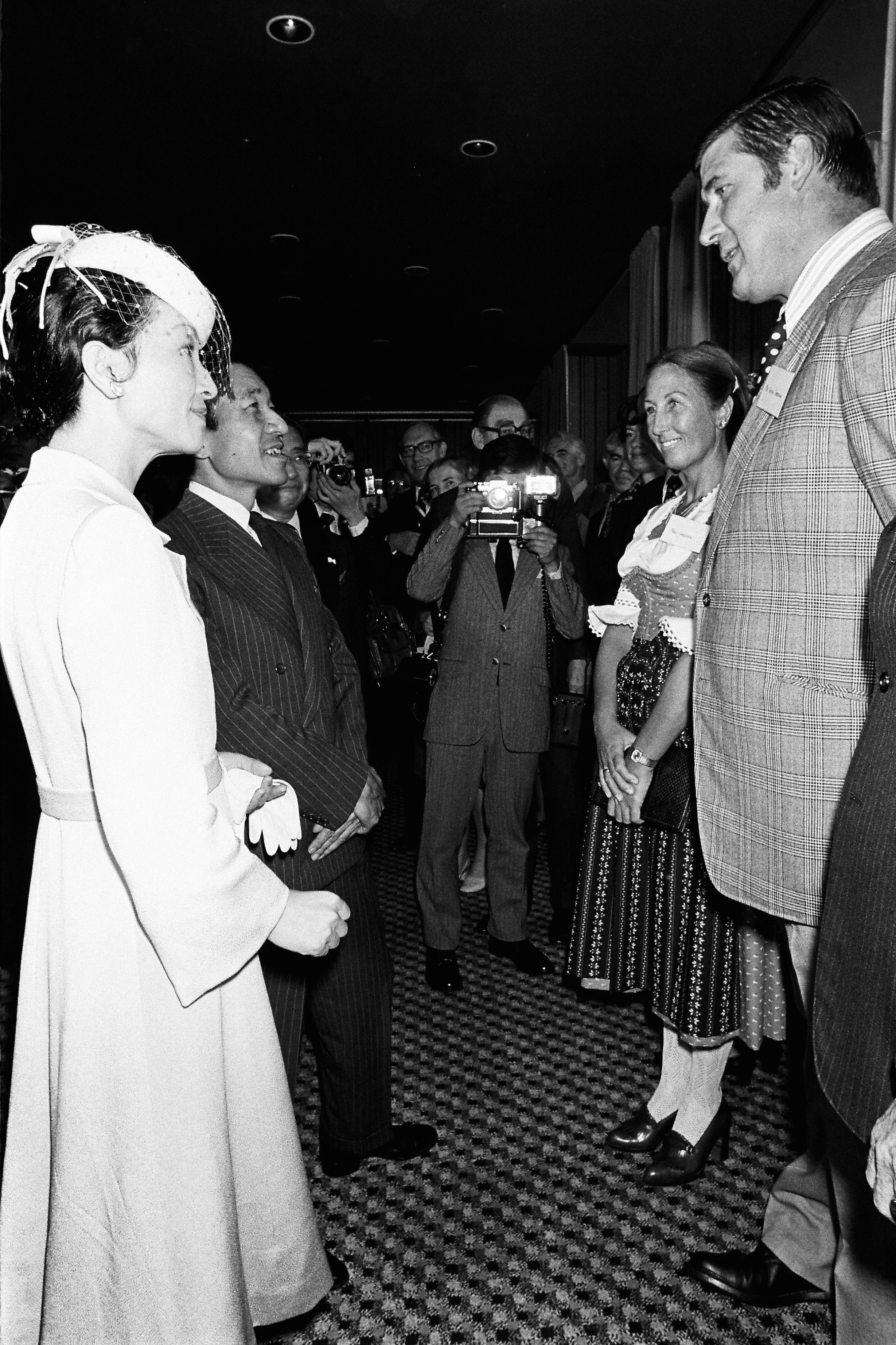 Crown Prince Akihito and Crown Princess Michiko talk with judoka Anton Geesink on October 6, 1979 in Amsterdam, Netherlands.