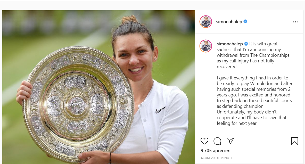 Halep s-a retras de la Wimbledon