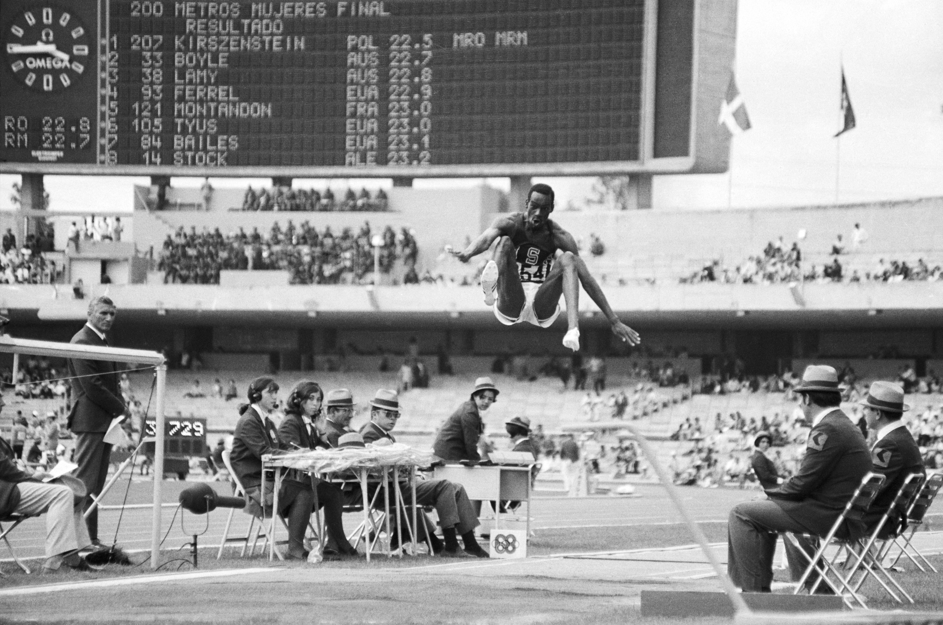 merican long jumper Bob Beamon breaks the world record at the 1968 Olympics