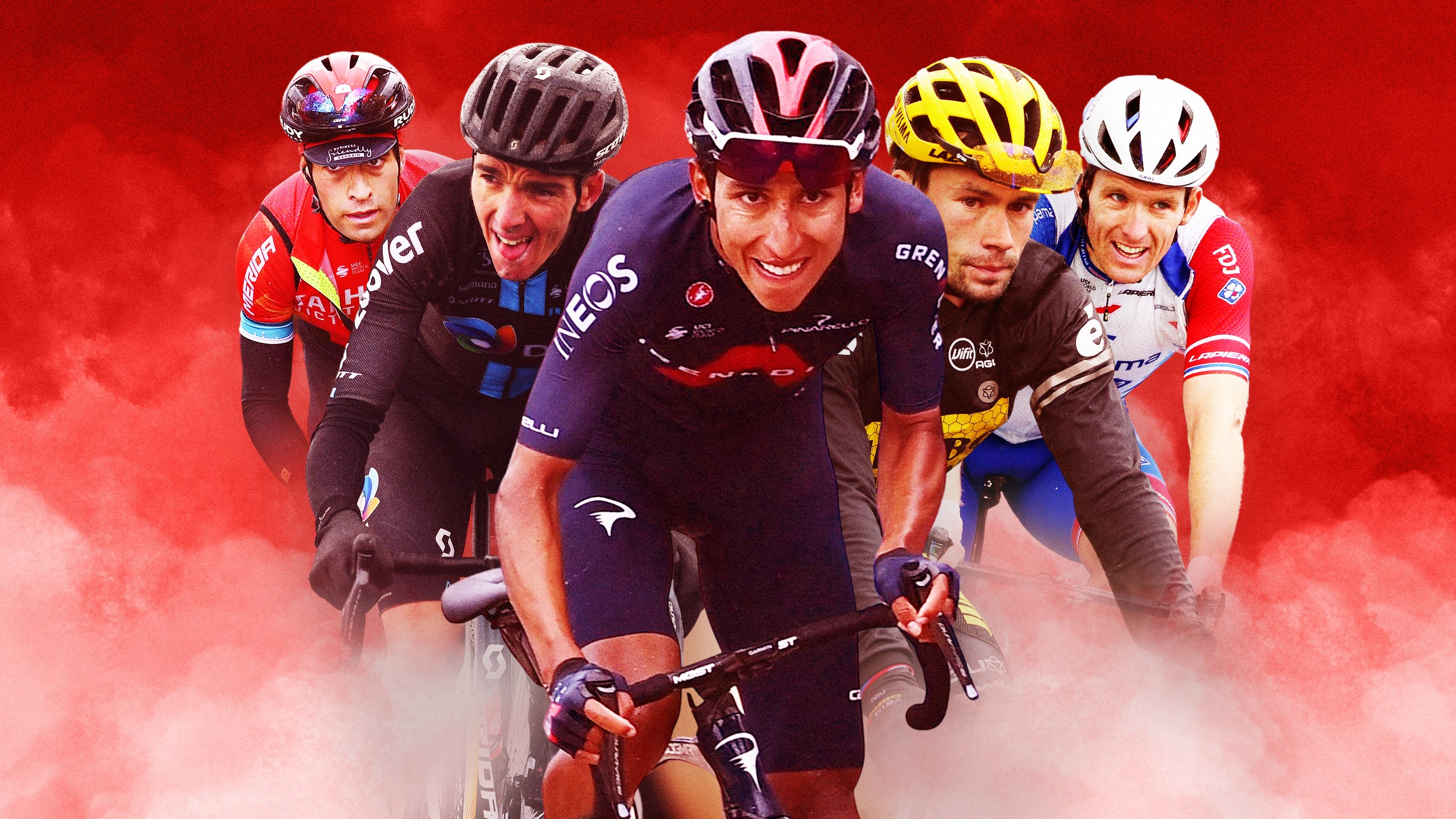 Mikel Landa (Bahrain-Victorious), Romain Bardet (DSM), Egan Bernal (INEOS-Grenadiers), Primoz Roglic (Jumbo-Visma), Arnaud Démare (Groupama-FDJ) / La Vuelta 2021