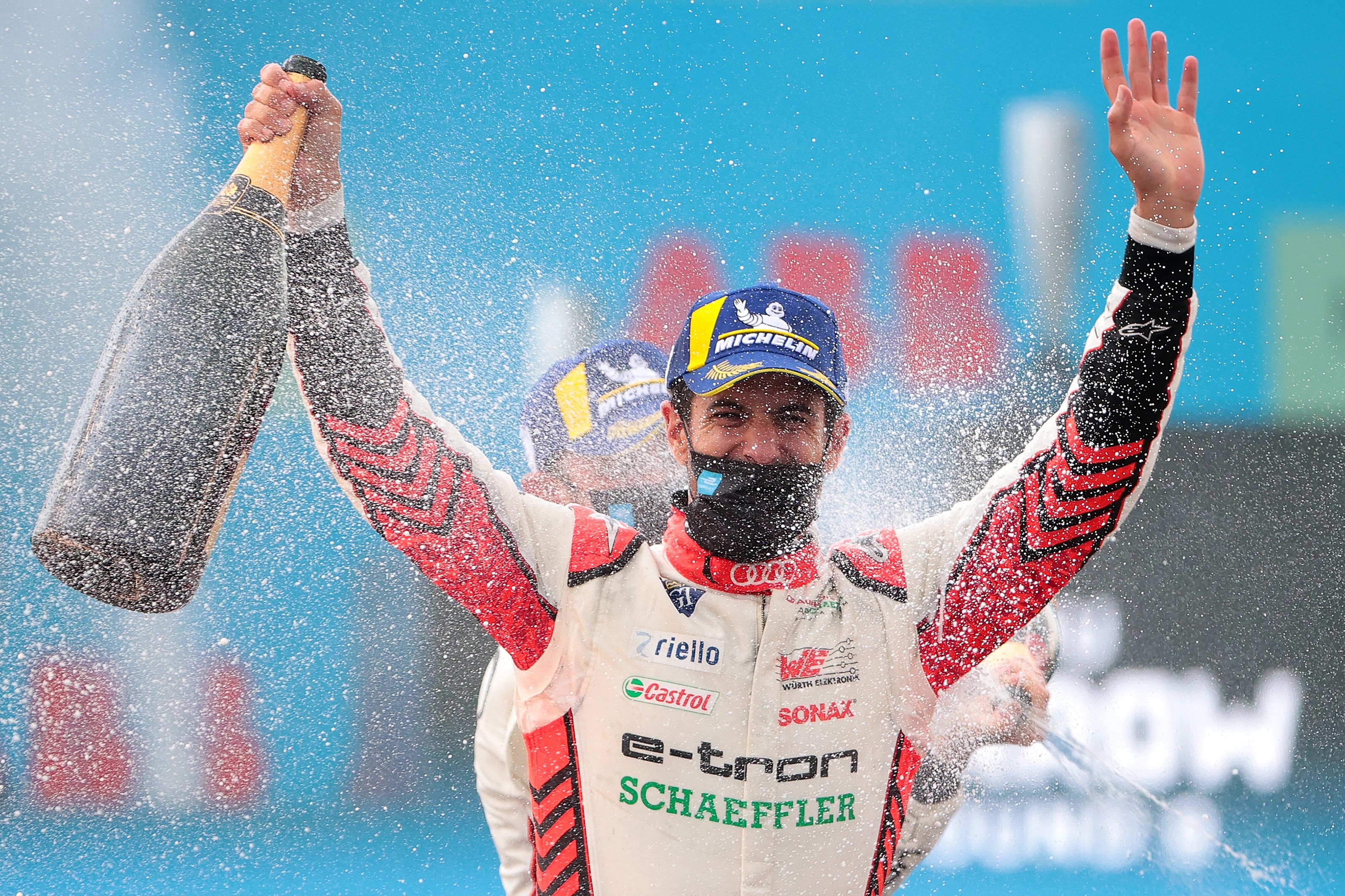 PUEBLA, MEXICO - JUNE 19: Lucas Di Grassi of Brazil driving the (11) Audi Sport ABT Schaeffler celebrates after winning the ABB FIA Formula E Championship - Puebla E-Prix Round 8 at Autodromo Miguel E Abed on June 19, 2021 in Puebla, Mexico. (Photo by Hec